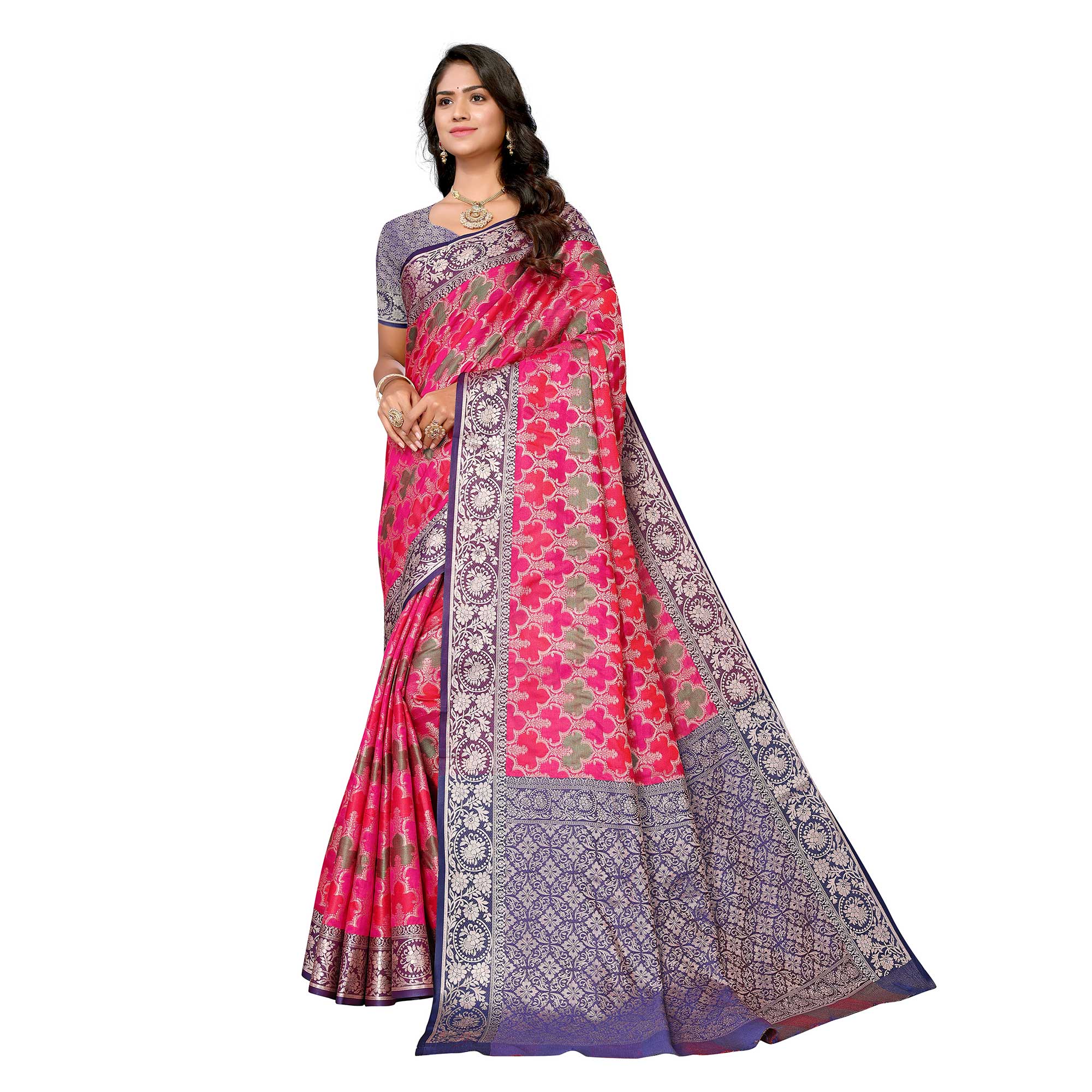 Pink Floral Woven Banarasi Silk Saree