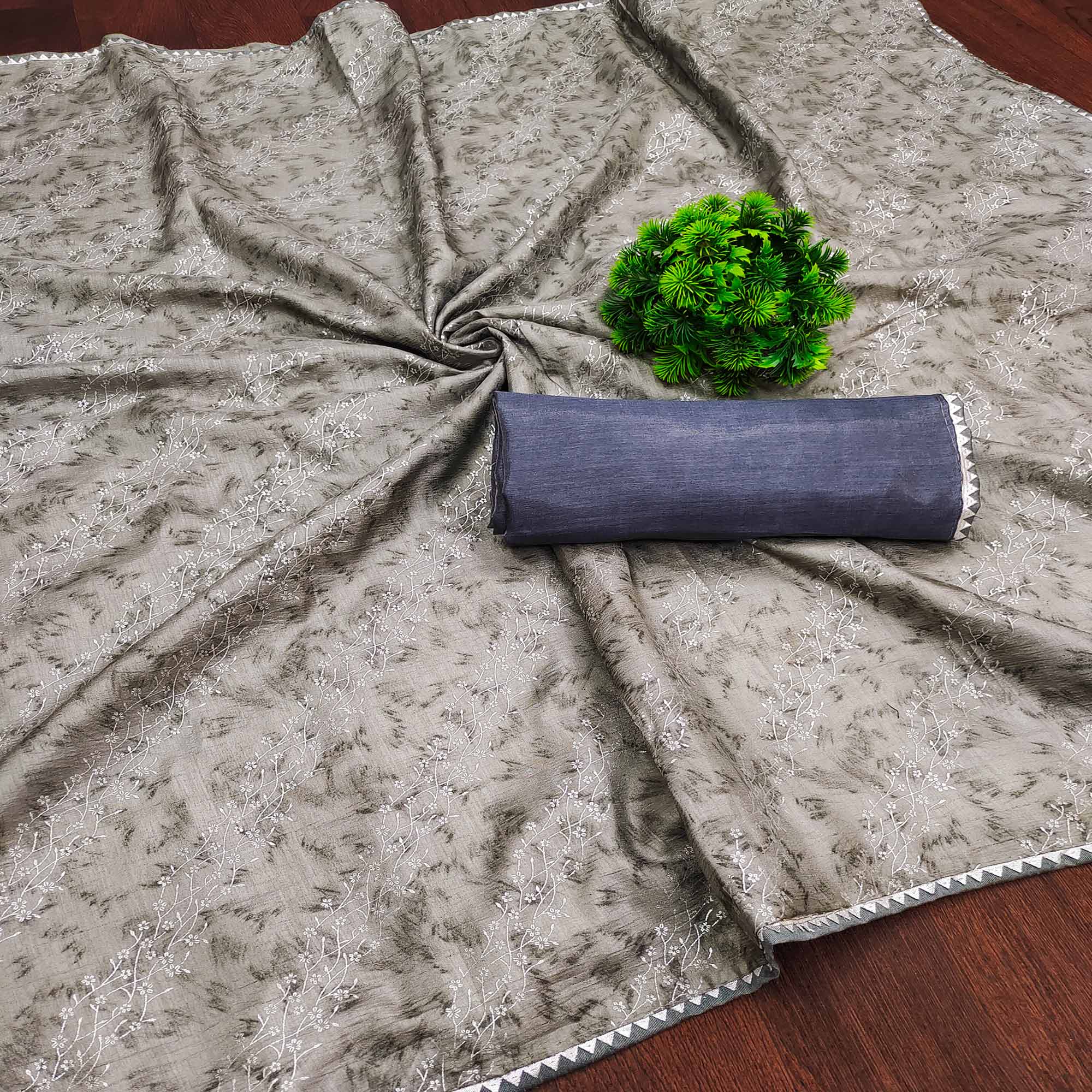 Grey Floral Foil Printed Dola Silk Saree