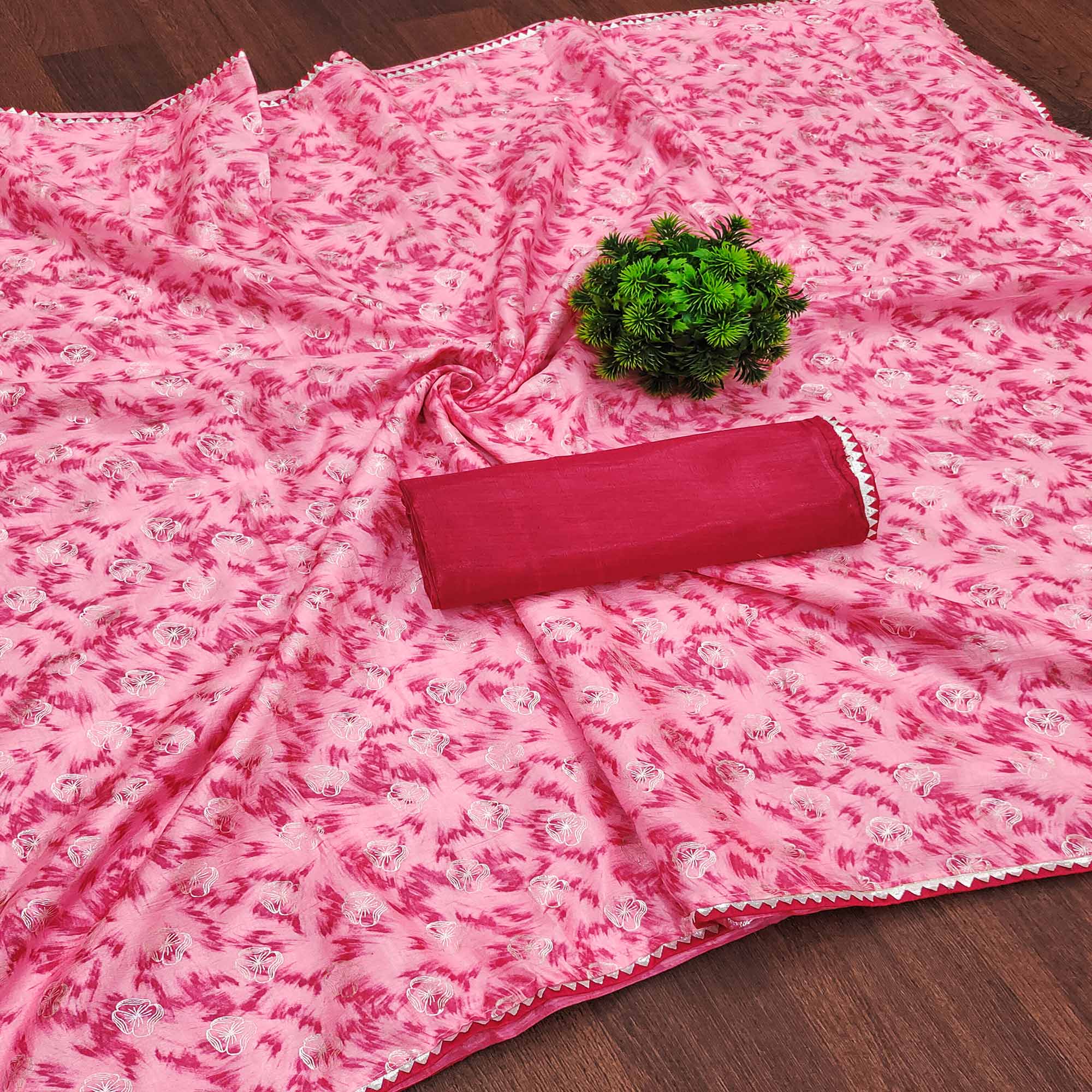 Pink Floral Foil Printed Dola Silk Saree
