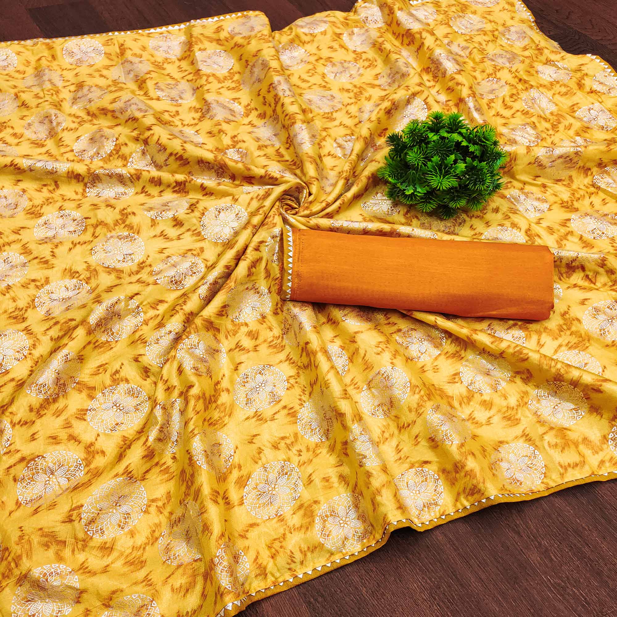 Yellow Floral Foil Printed Dola Silk Saree