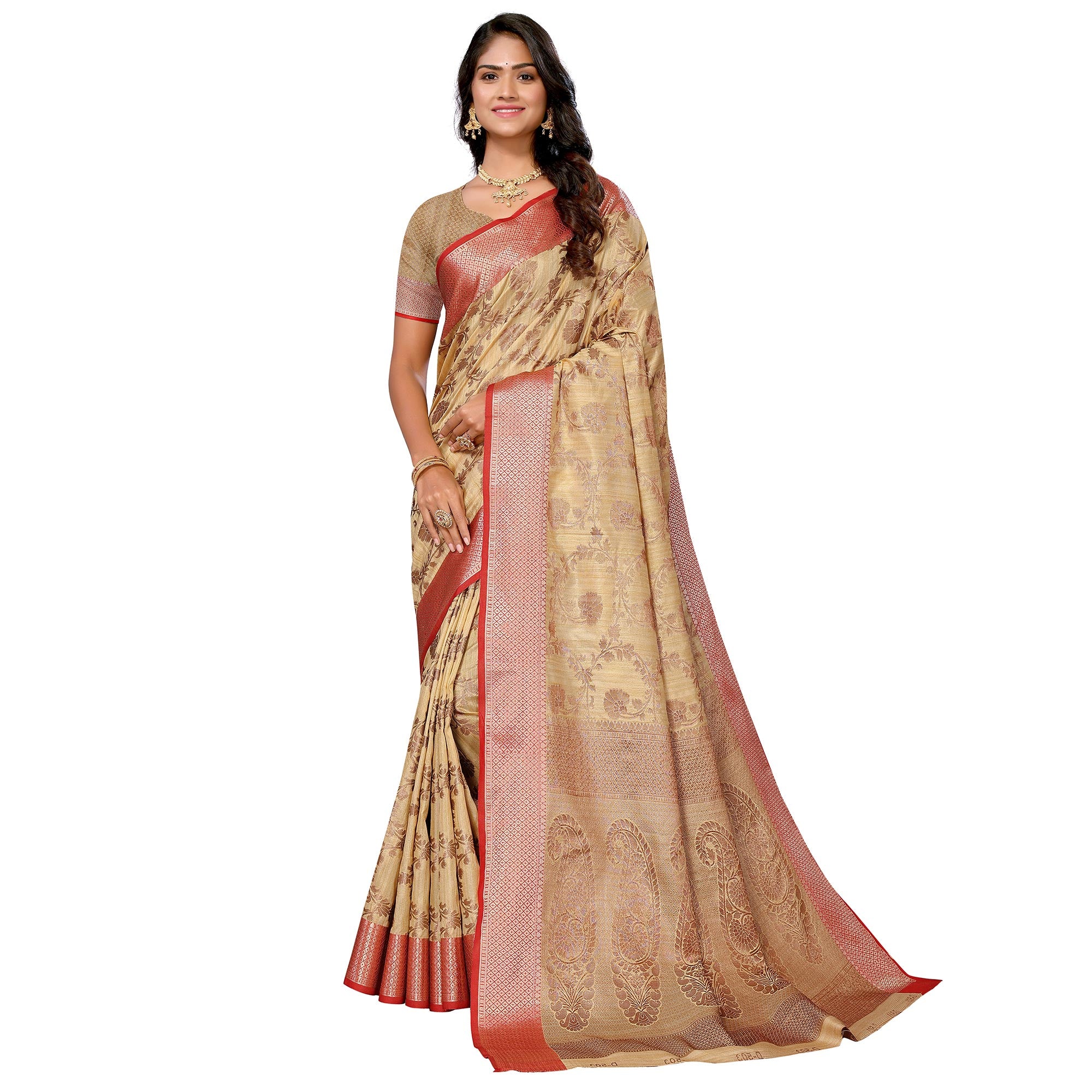 Beige Floral Woven Banarasi Silk Saree