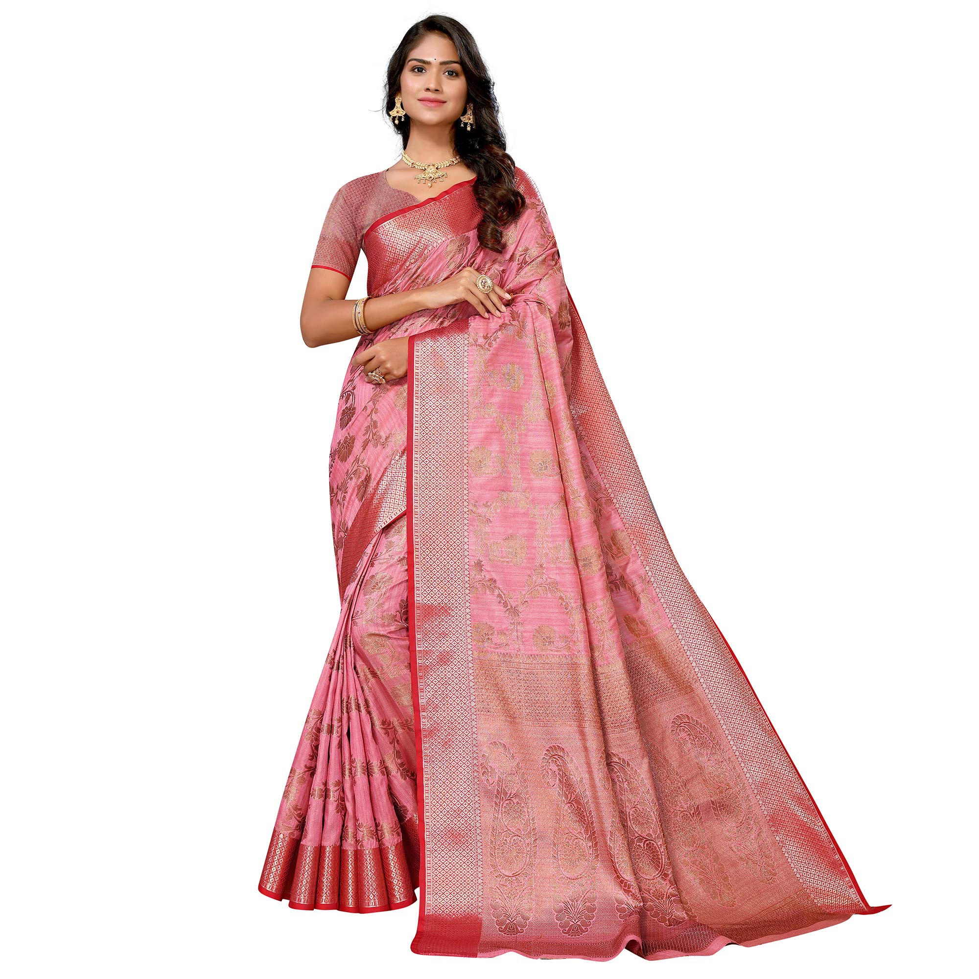 Pink Floral Woven Banarasi Silk Saree