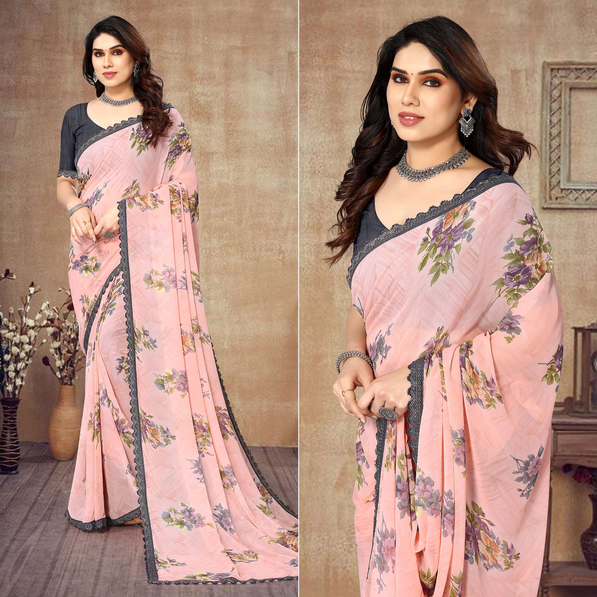 Peach Floral Printed Georgette Saree With Lace Border