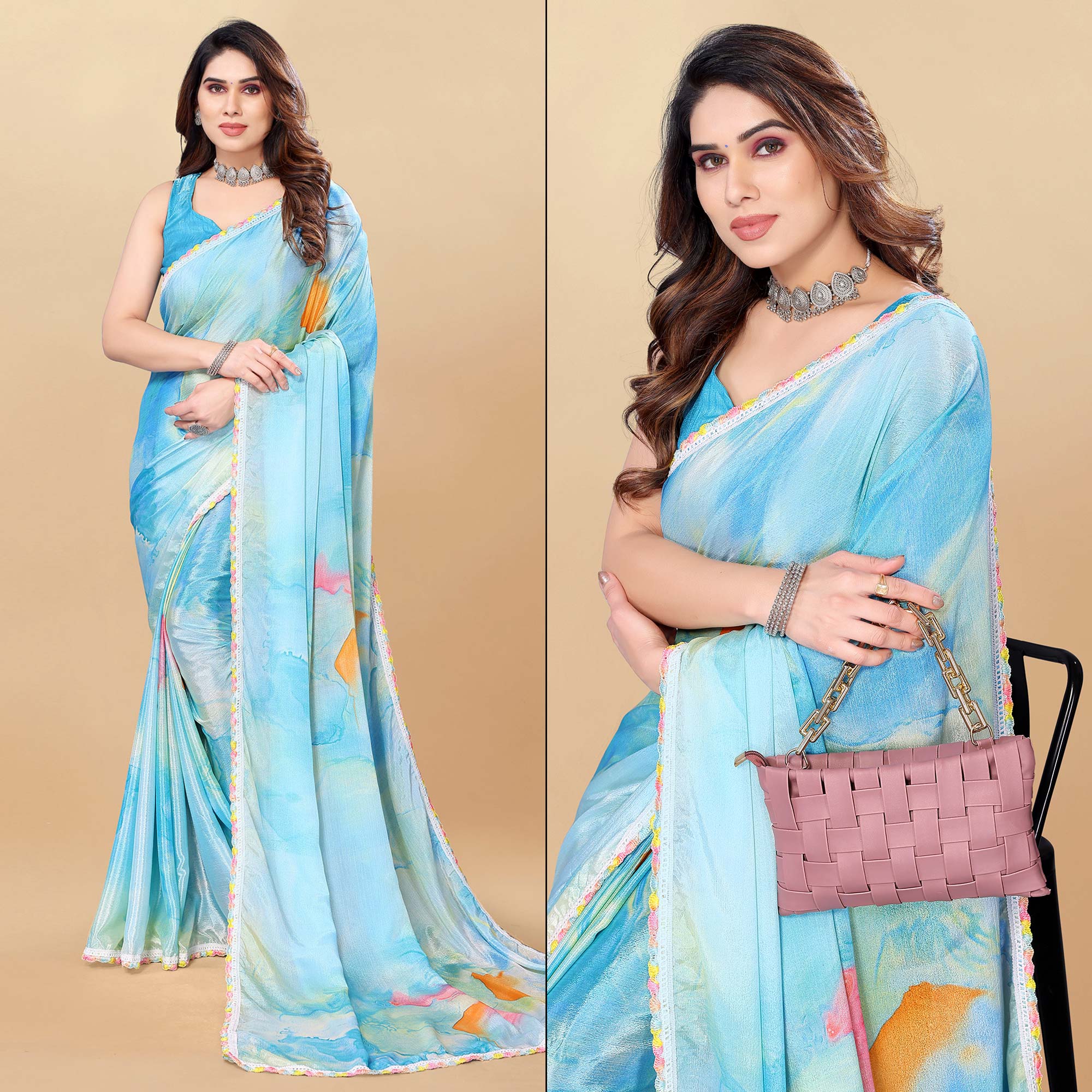 Blue Printed Chiinon Saree With Lace Border