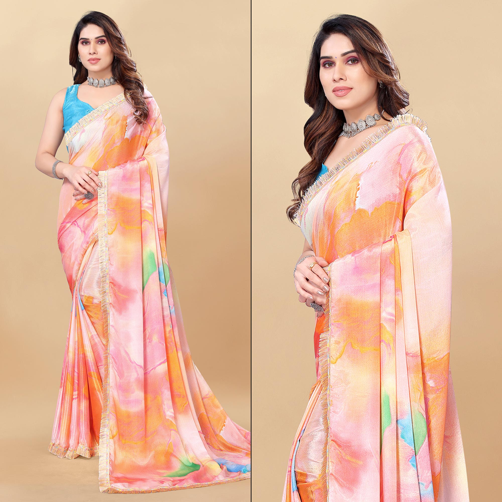 Pink & Orange Printed Chiinon Saree With Lace Border