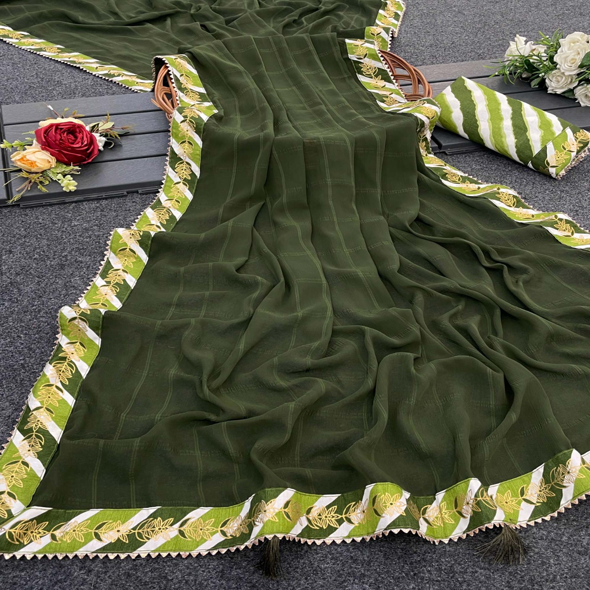 Mehendi Green Woven Georgette Saree With Lace Border