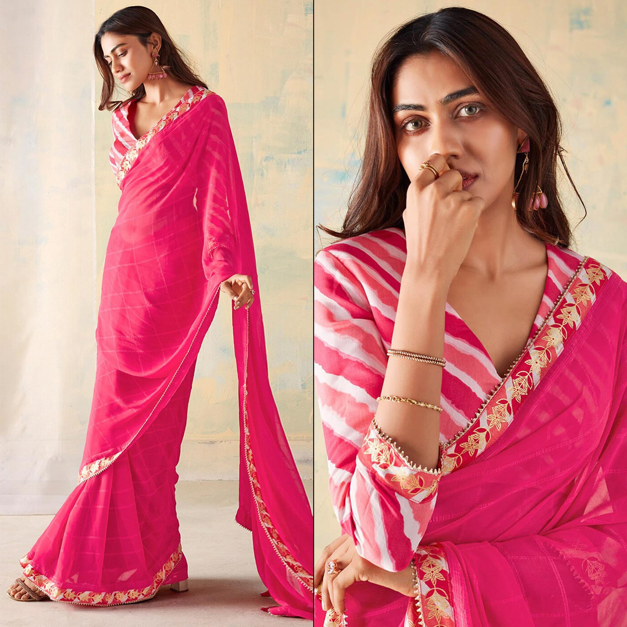 Pink Woven With Gota Patti Border Georgette Saree With Tassels