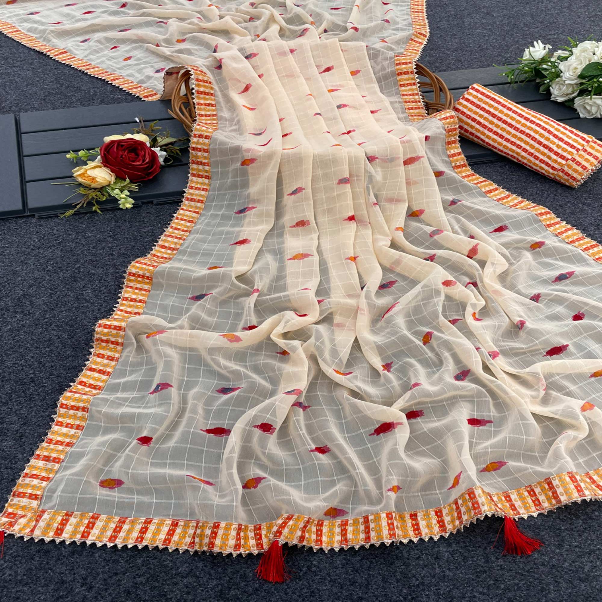 Cream Woven With Digital Printed Georgette Saree