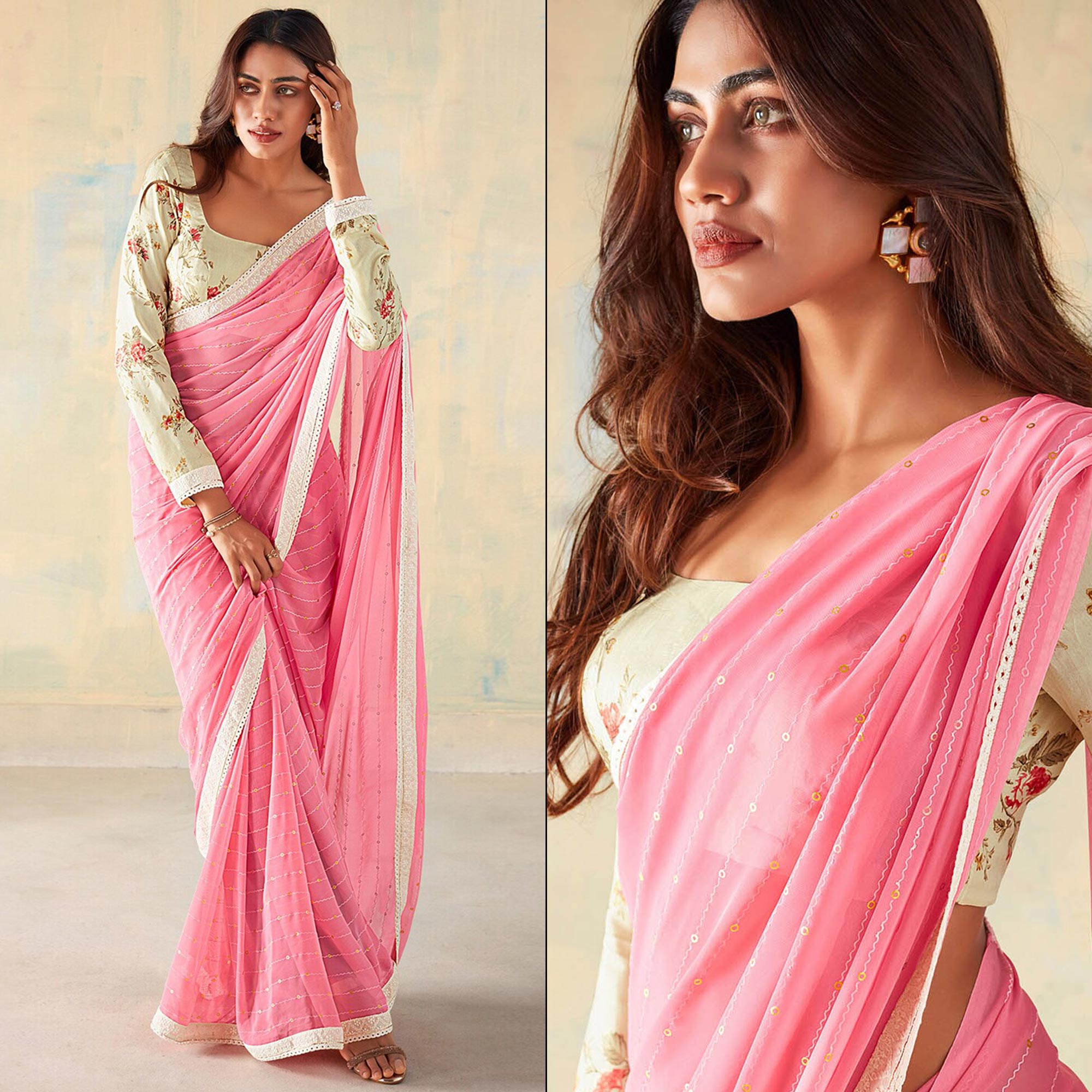Light Pink Foil Printed Georgette Saree With Embroidered Border