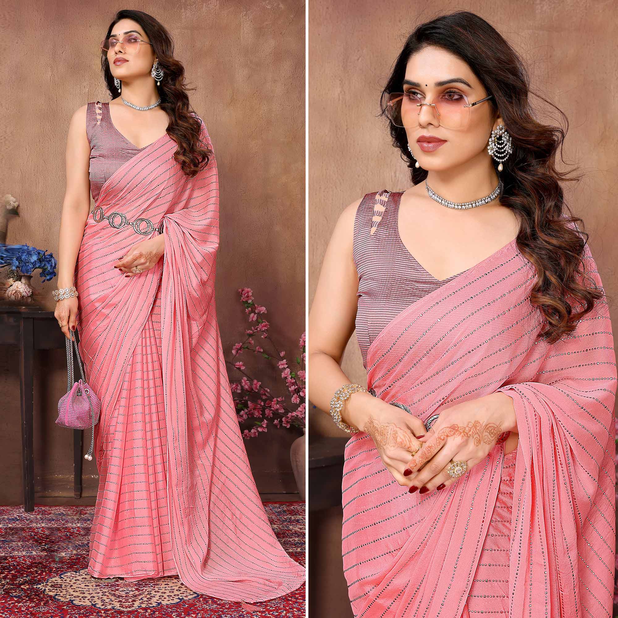 Peach Mukaish Work Silk Saree With Tassels