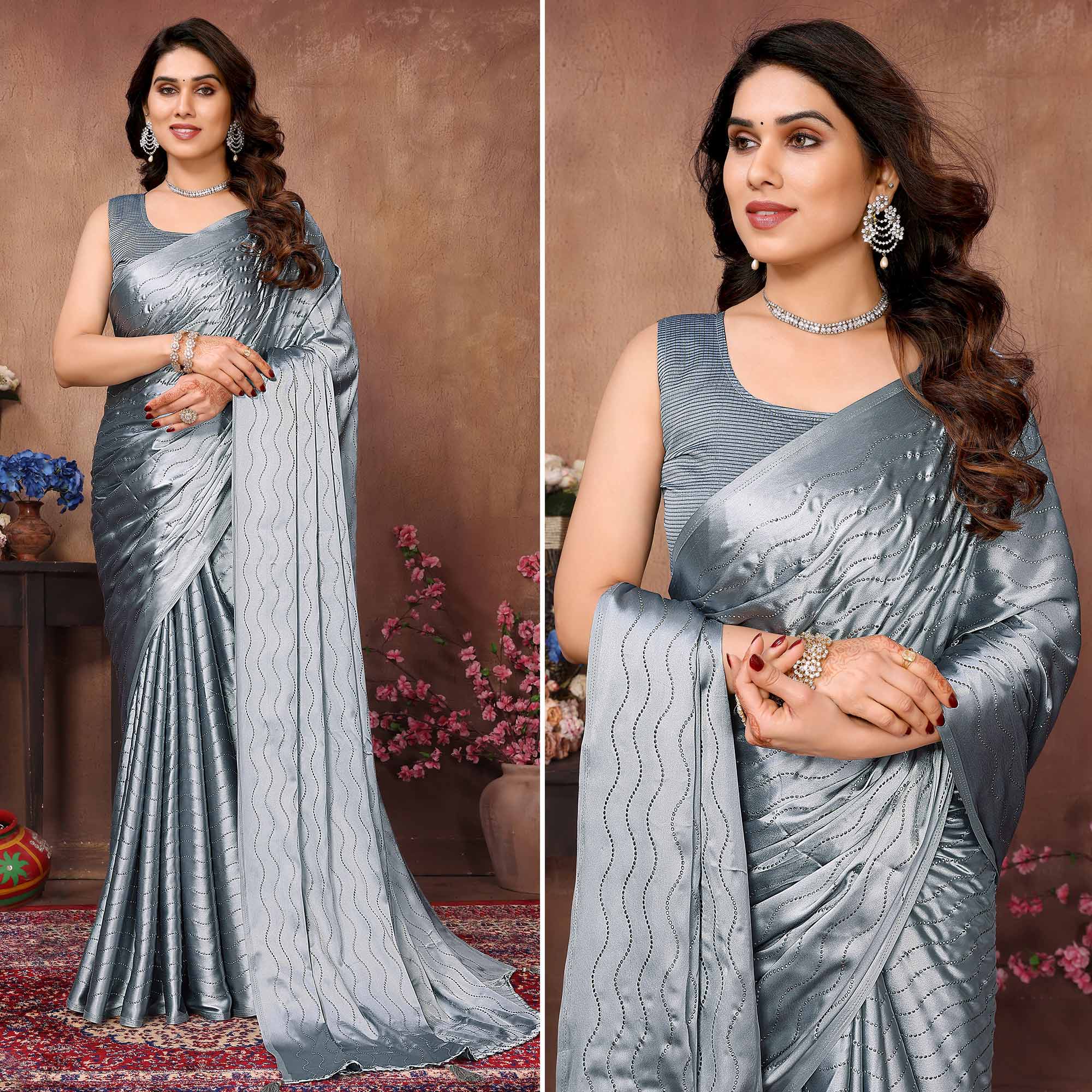 Grey Mukaish Work Satin Saree With Tassels