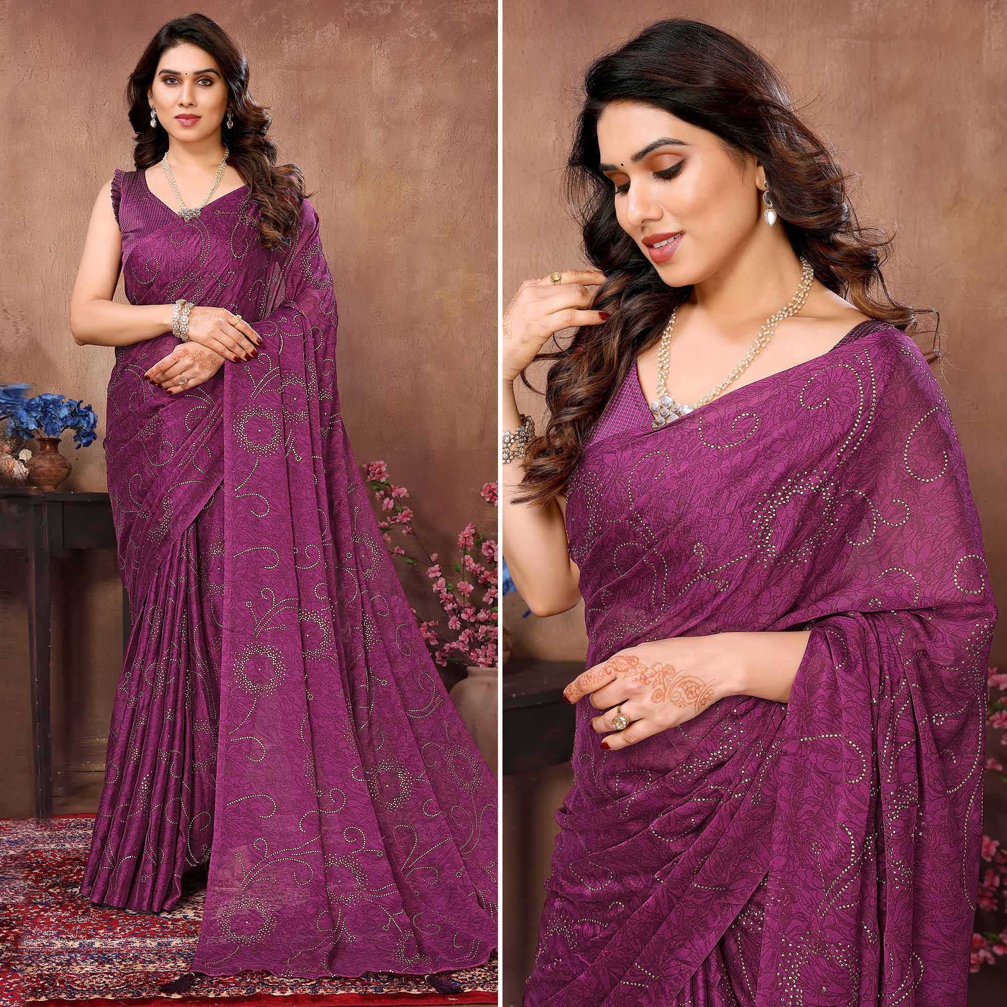 Purple Mukaish With Foil Printed Silk Saree With Tassels