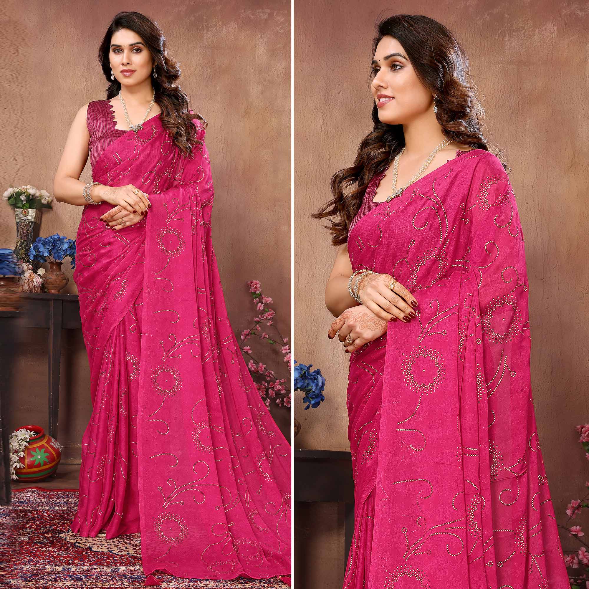 Rani Pink Mukaish With Foil Printed Silk Saree With Tassels