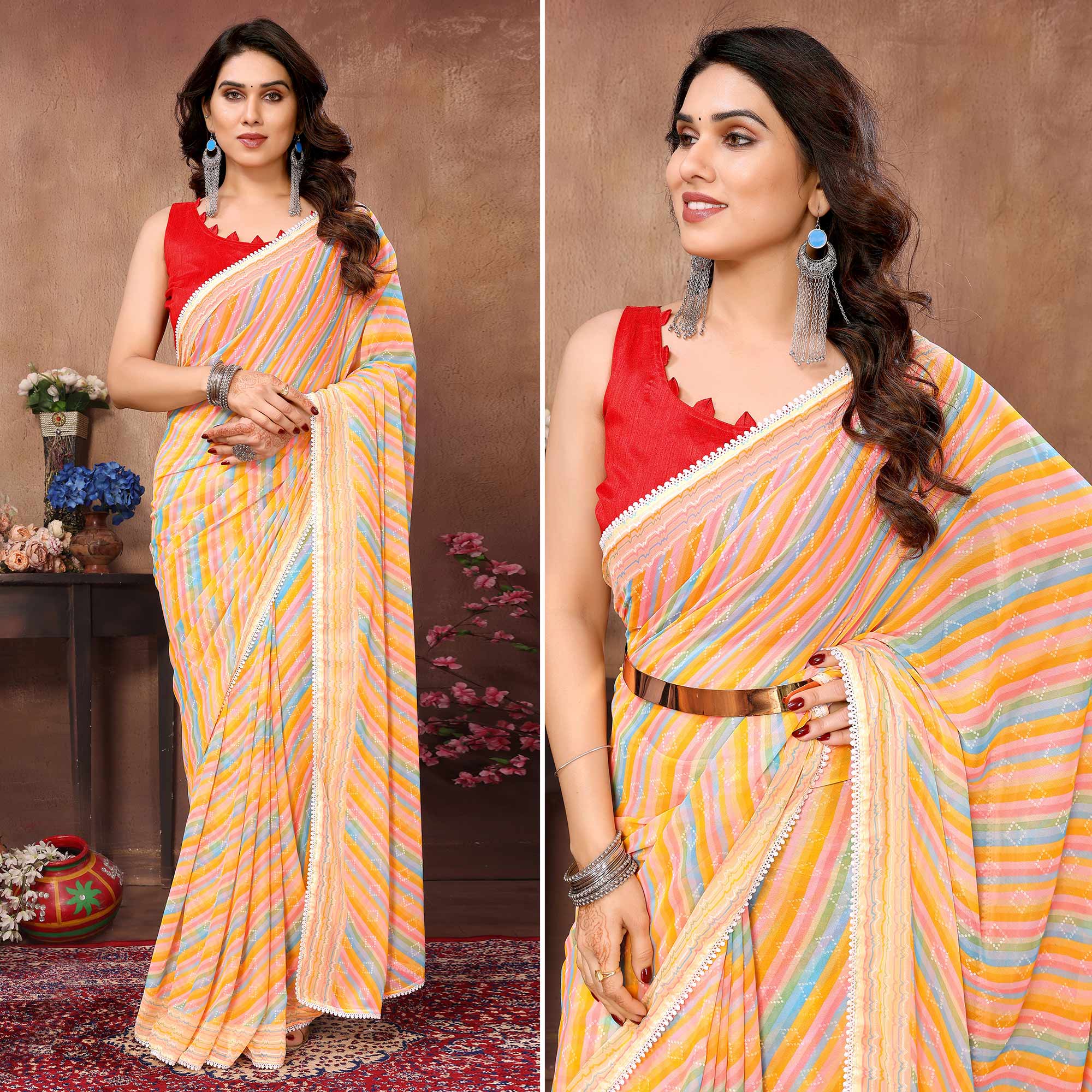 Yellow Printed Striped Printed Ready To Wear Georgette Saree