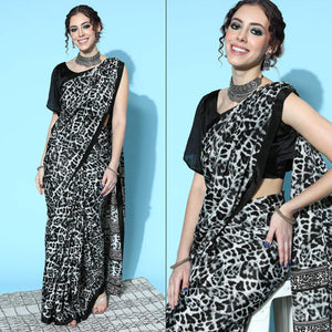 Black Digital Printed Chinon Saree