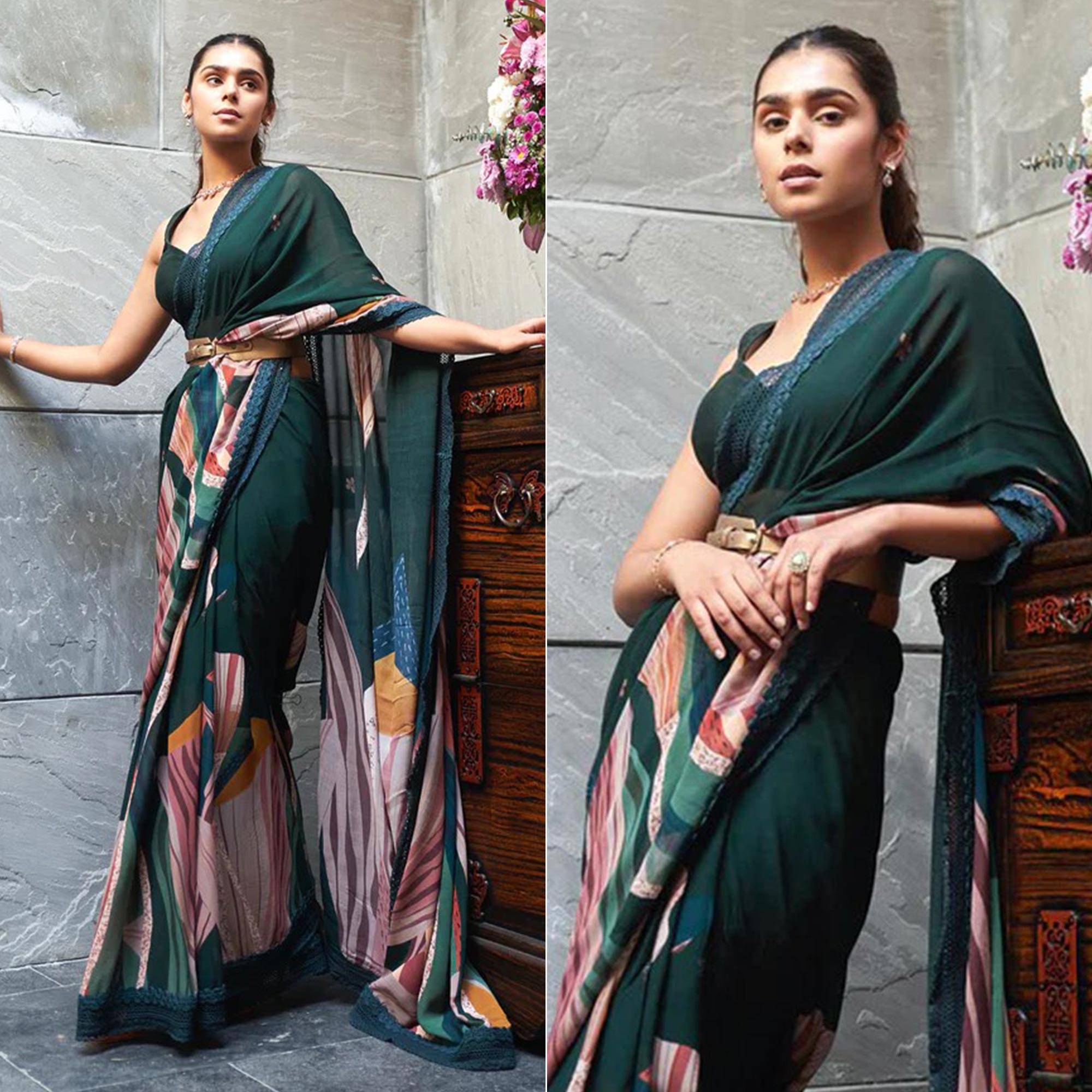 Bottle Green Digital Printed Chinon Saree