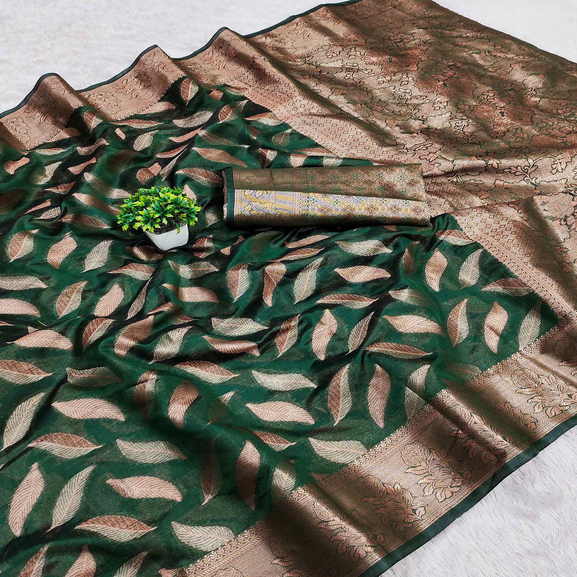 Bottle Green Woven Organza Saree