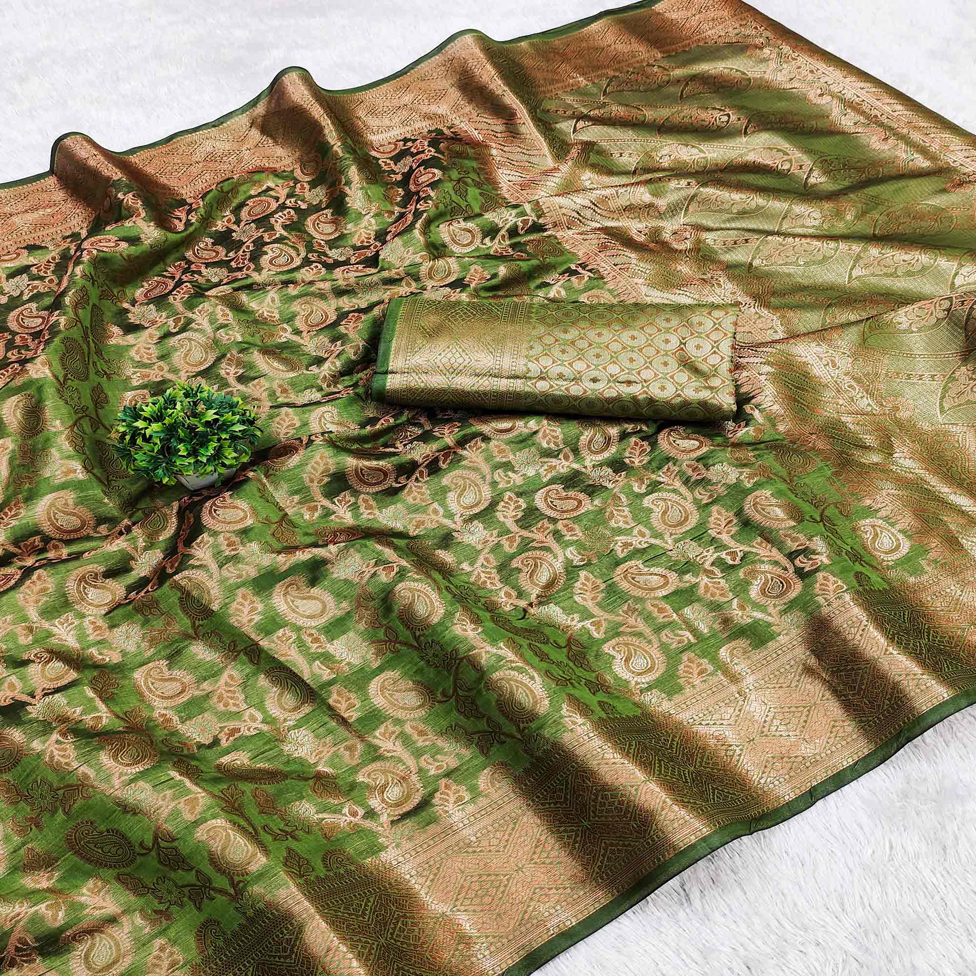 Mehandi Green Woven Organza Saree