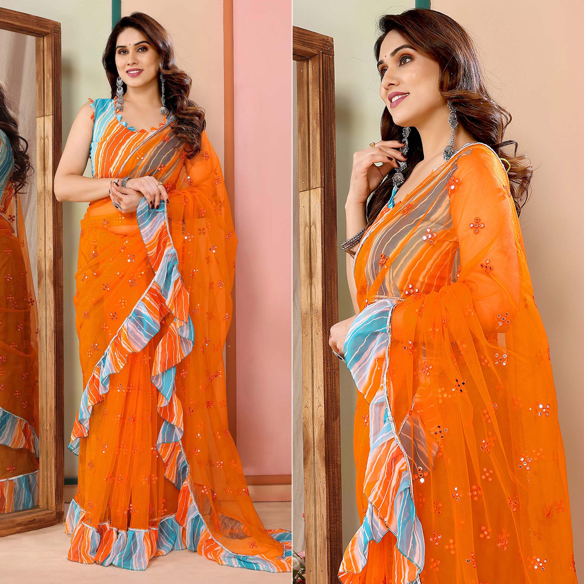 Orange Mirror Work Embroidered Net Ruffle Saree