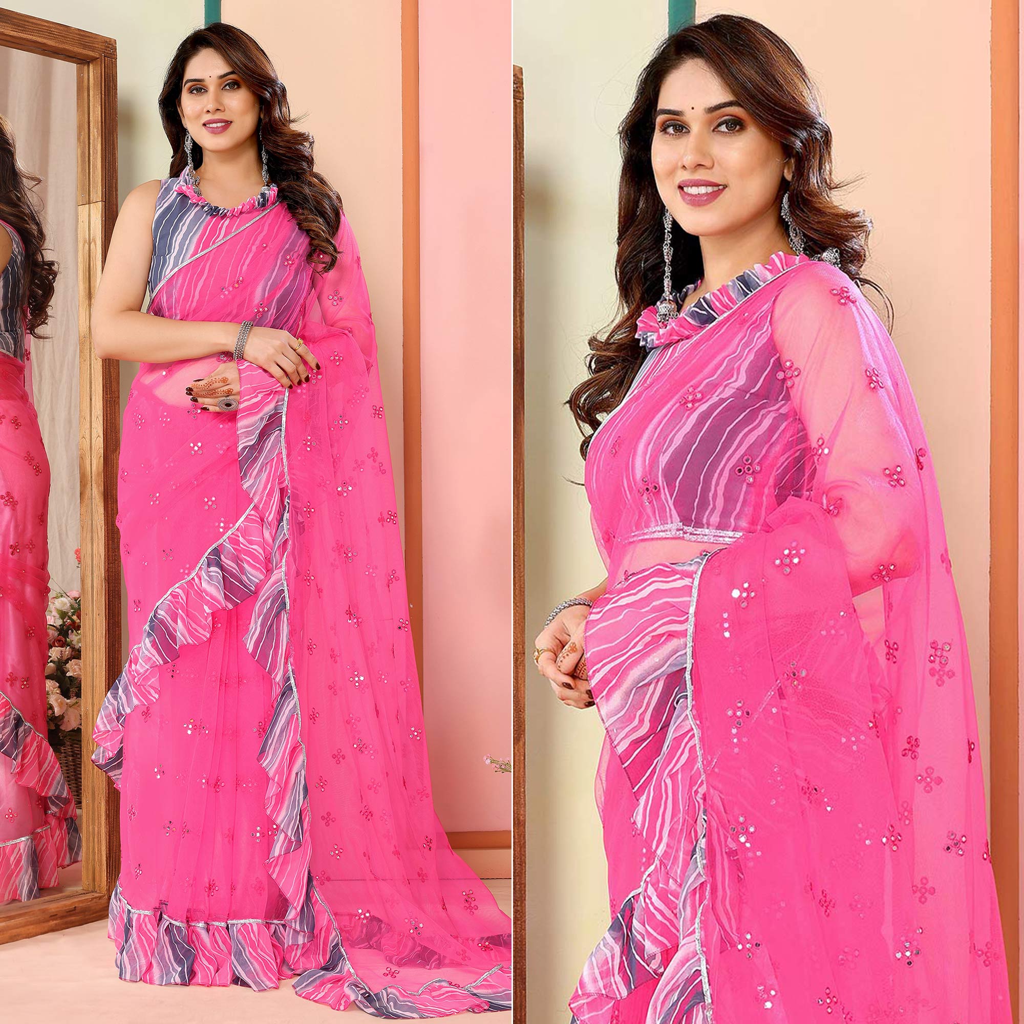 Pink Mirror Work Embroidered Net Ruffle Saree