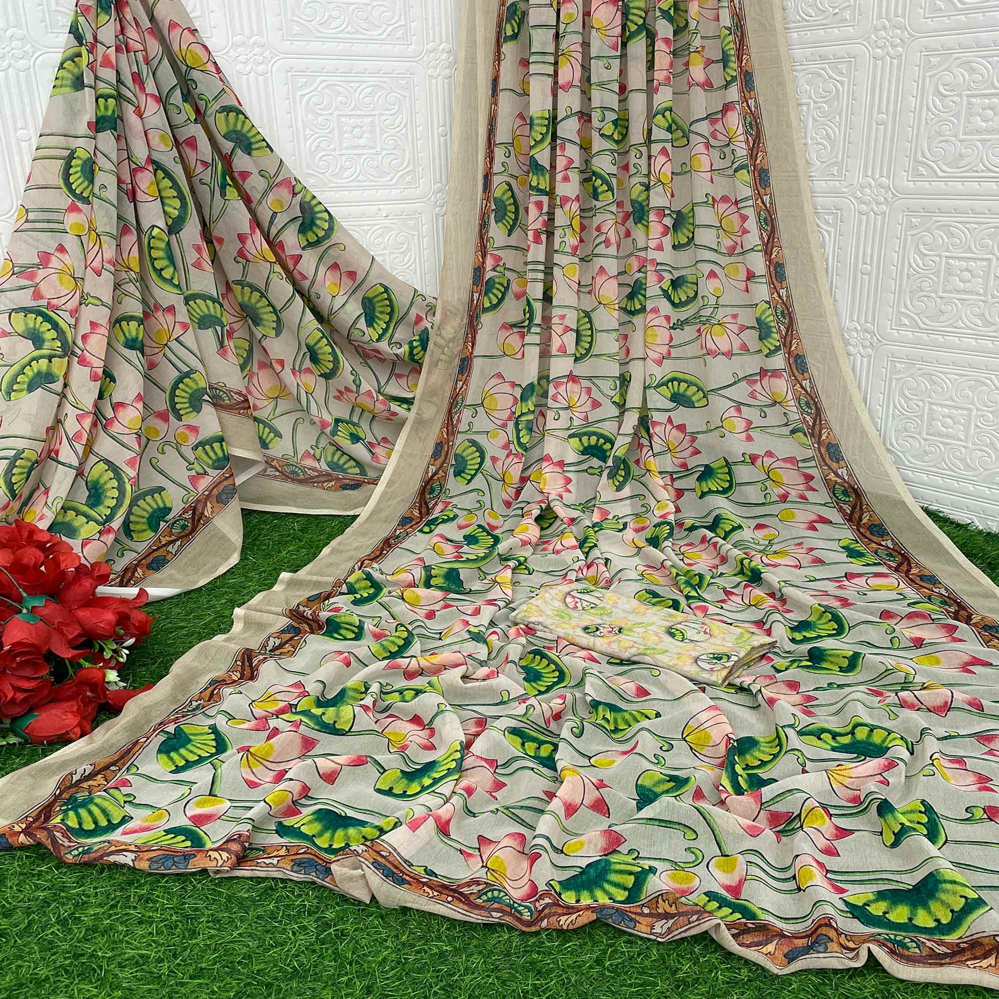 Beige Digital Printed Georgette Saree