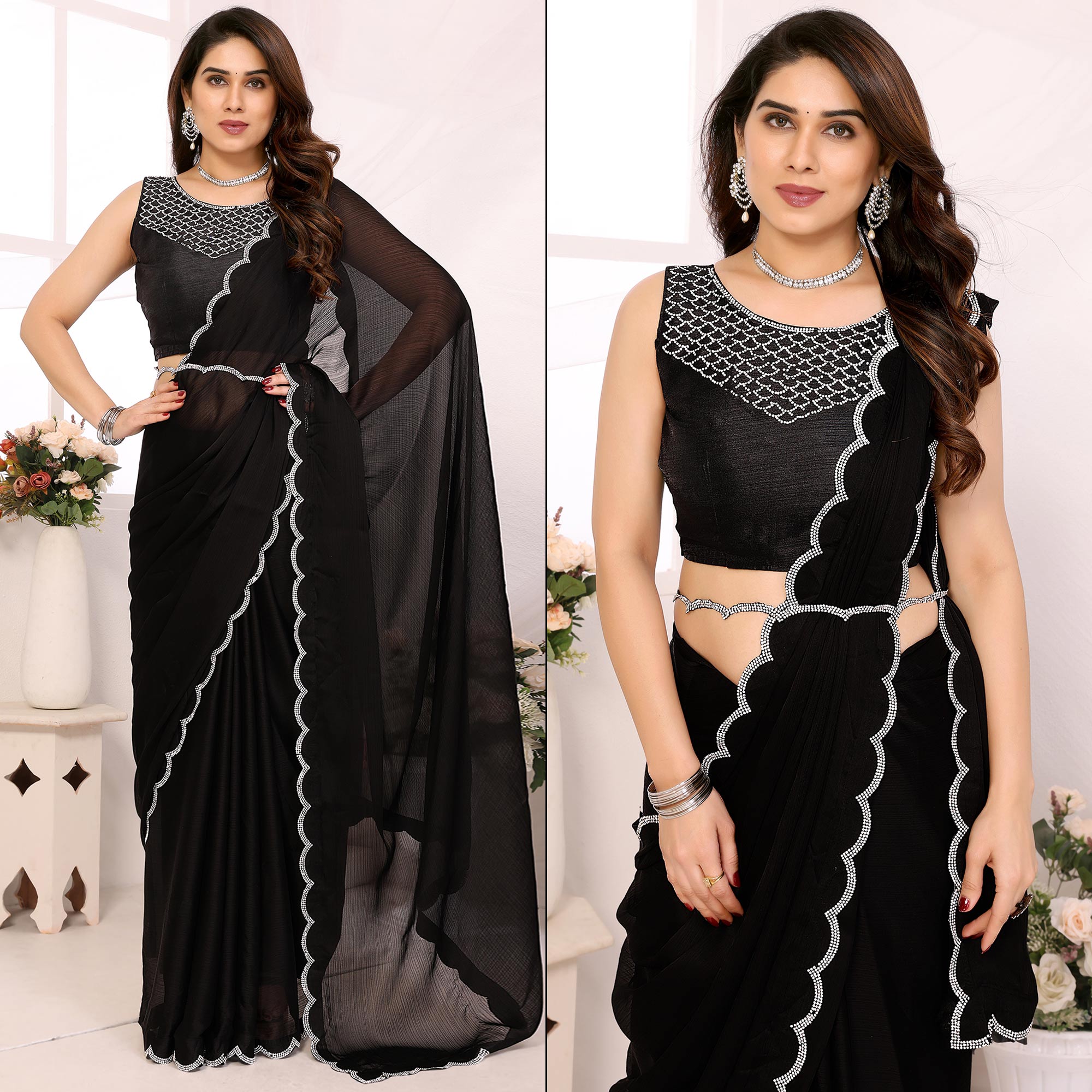 Black Solid Chiffon Saree With Stone Work Border