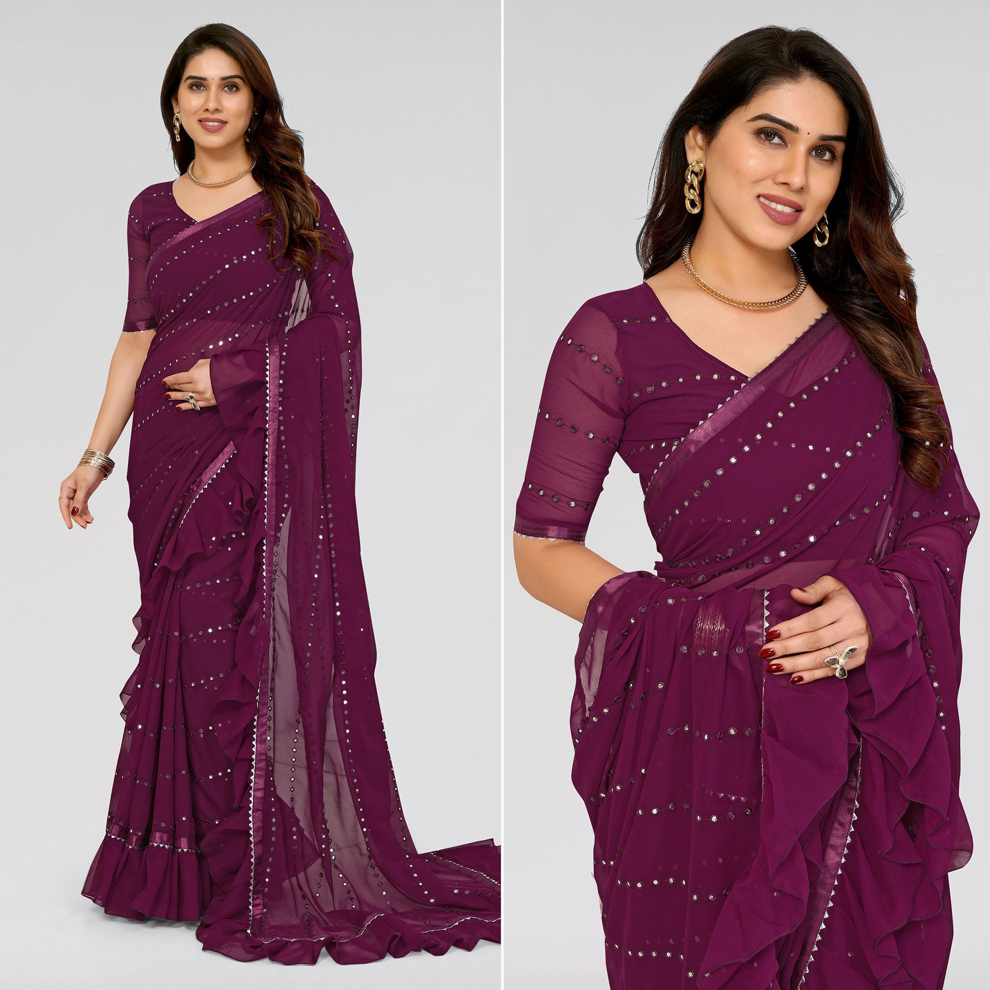 Purple Embroidered Georgette Ruffle Saree