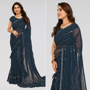 Teal Embroidered Georgette Ruffle Saree