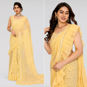 Yellow Embroidered Georgette Ruffle Saree