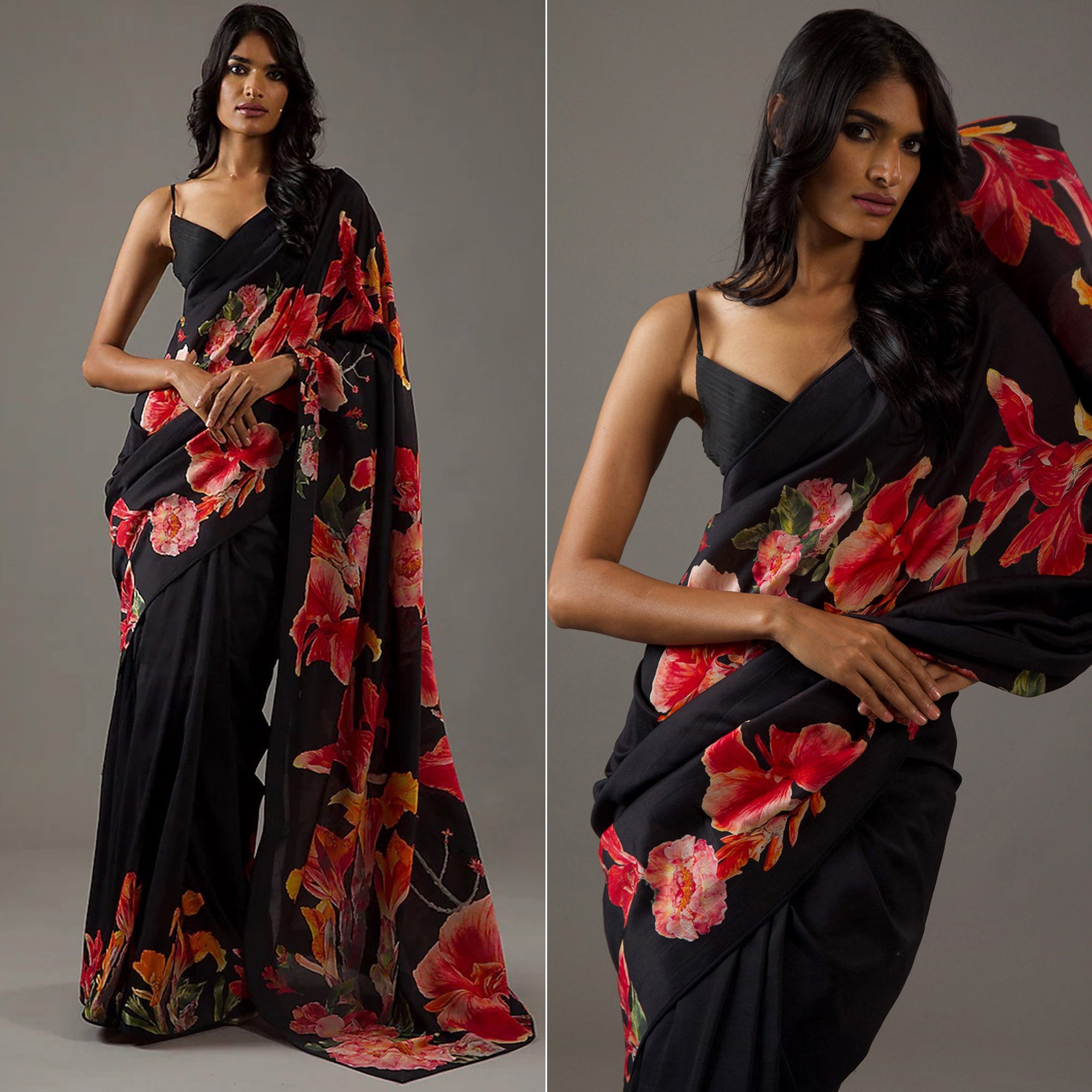 Black Floral Printed Chiffon Saree