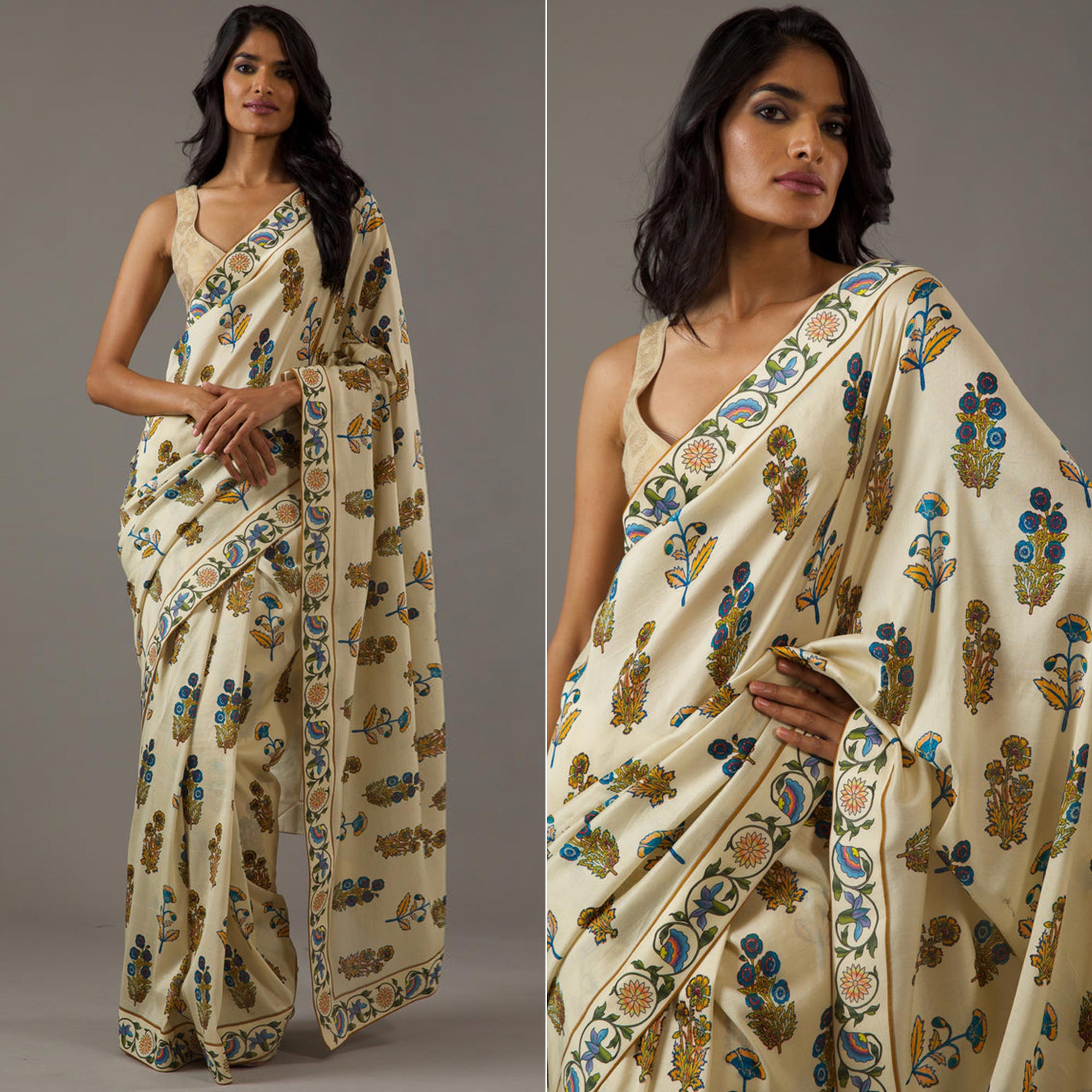 Cream Floral Printed Chiffon Saree