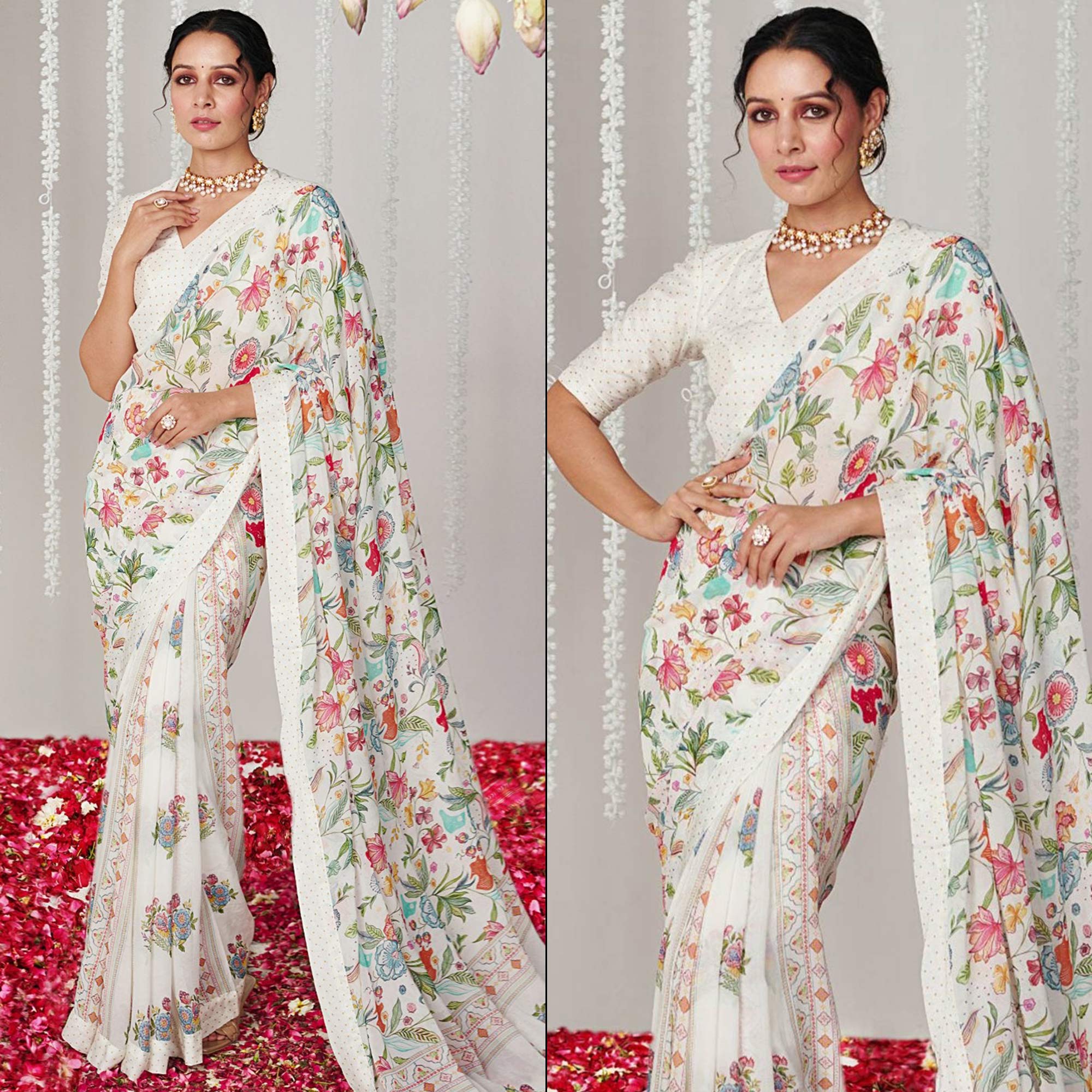 White Floral Printed Chiffon Saree