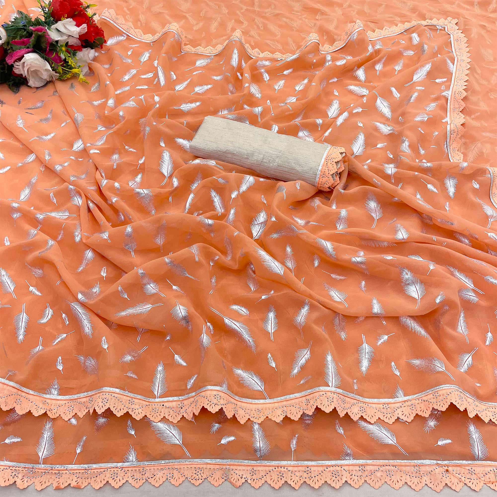 Orange Foil Printed With Swarovski Georgette Saree