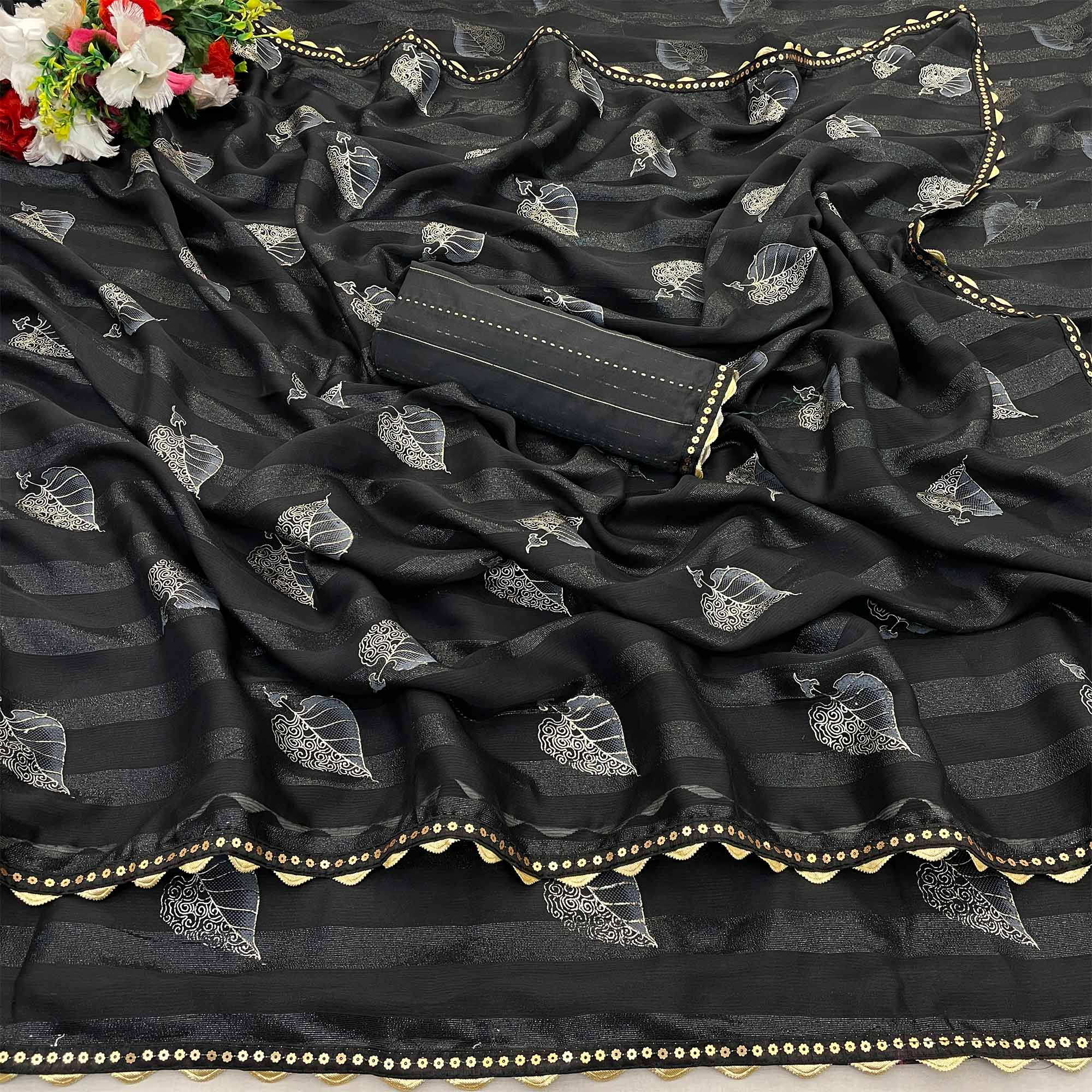 Black Foil Printed Chiffon Saree With Sequins Embroidered Border