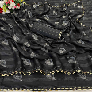 Black Foil Printed Chiffon Saree With Sequins Embroidered Border