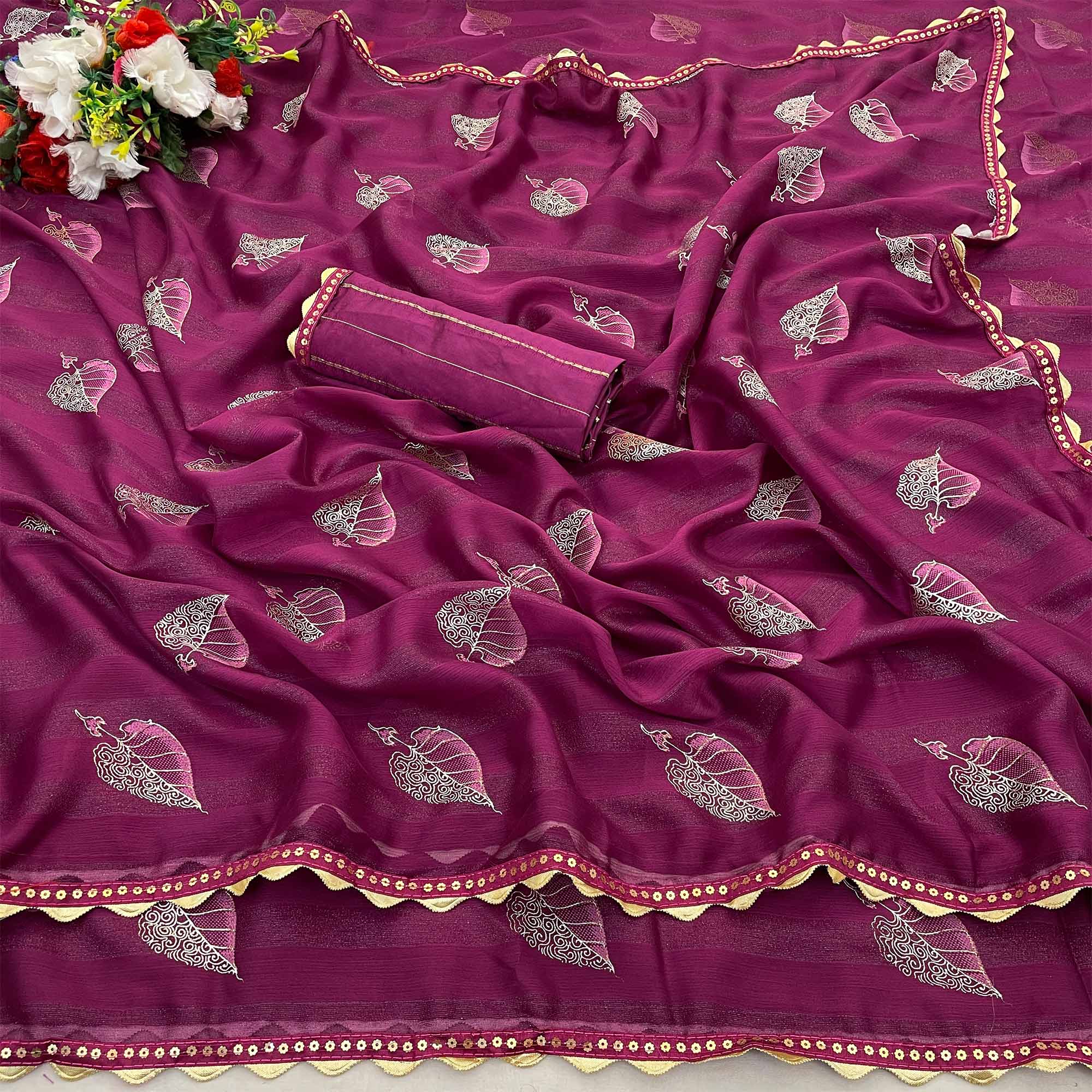 Wine Foil Printed Chiffon Saree With Sequins Embroidered Border