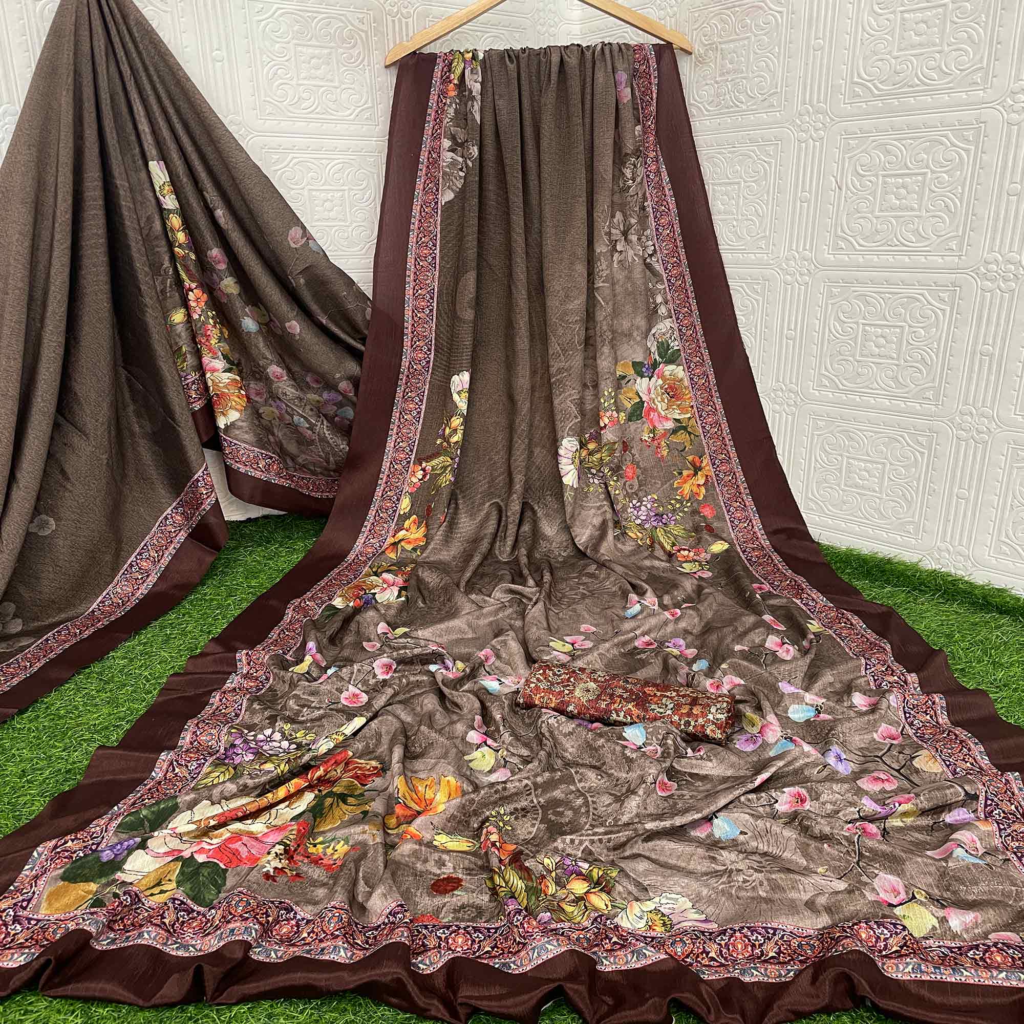 Brown Floral Digital Printed Chinon Silk Saree