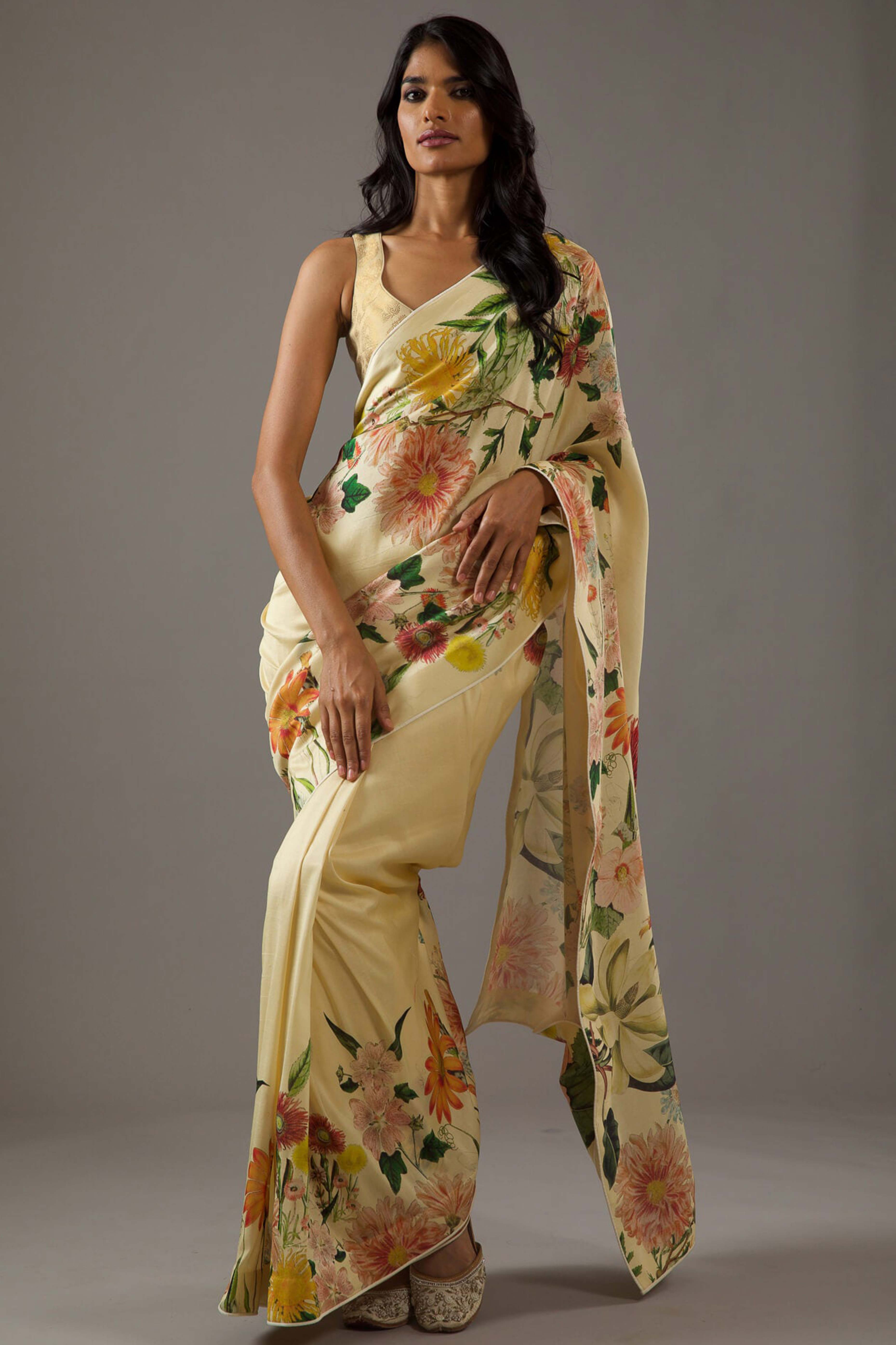 Cream Floral Printed Chiffon Saree