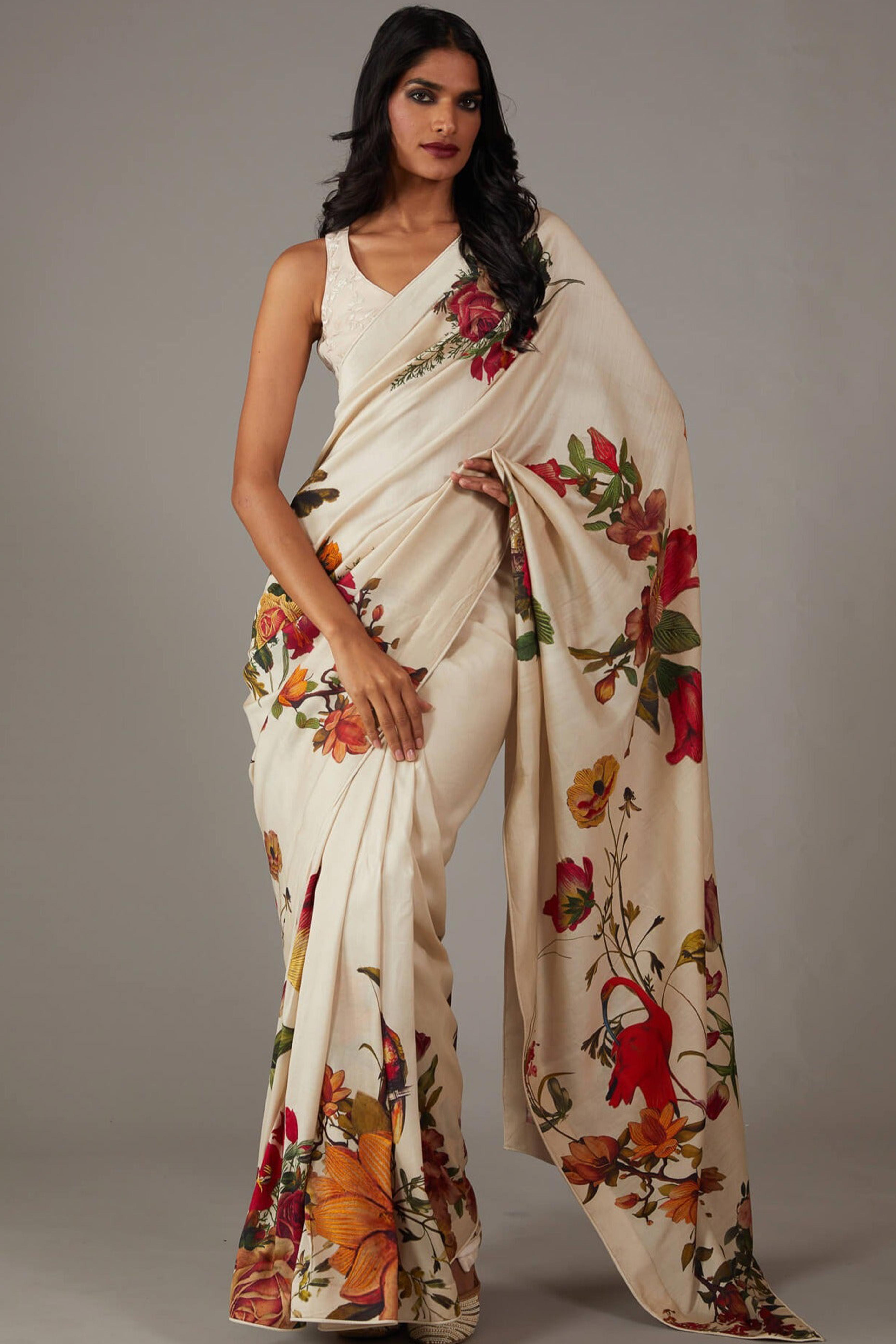 Off White Floral Printed Chiffon Saree