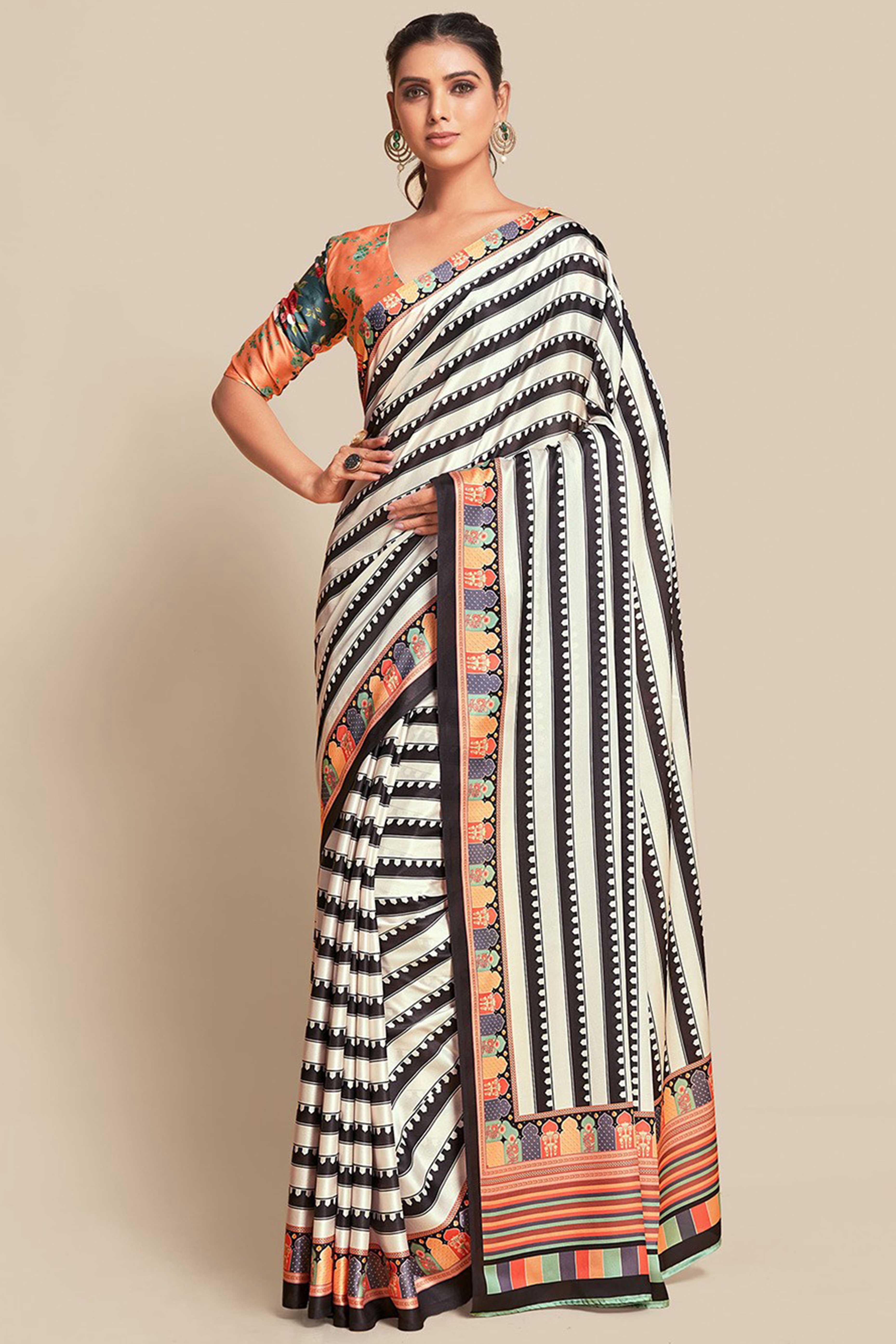 White Strips Printed Chiffon Saree