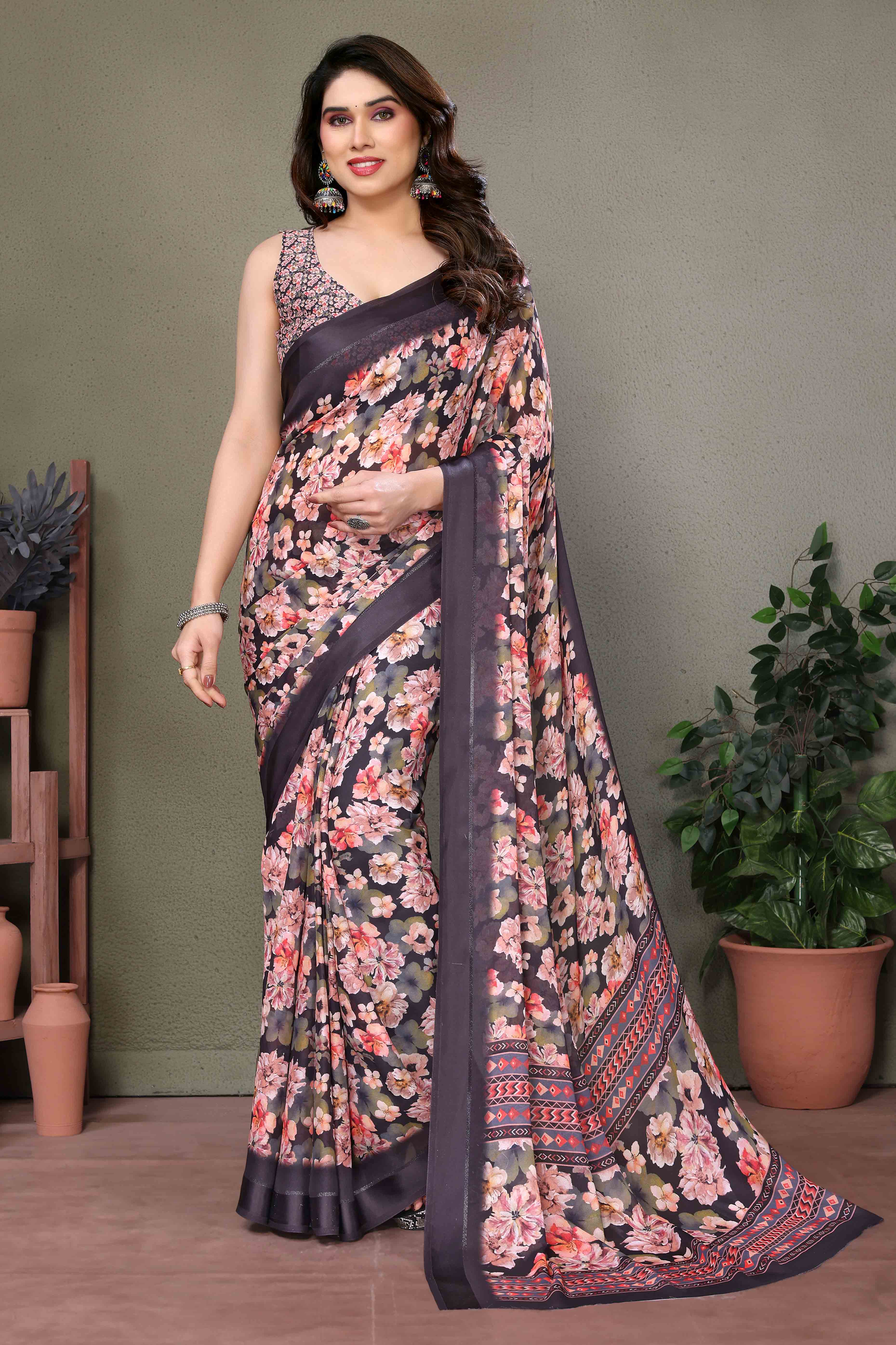 Brown Floral Printed Chiffon Saree