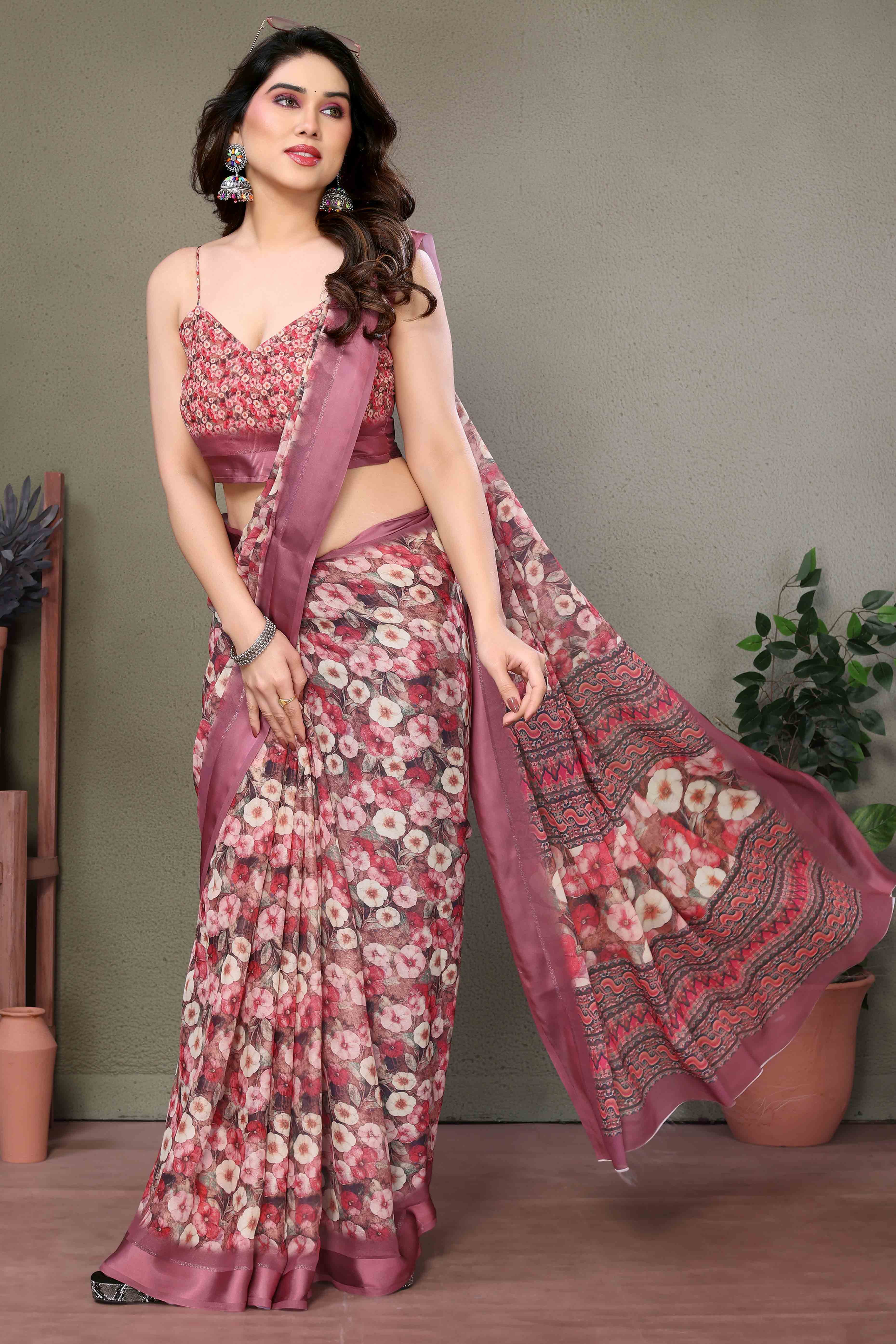 Mauve Floral Printed Chiffon Saree