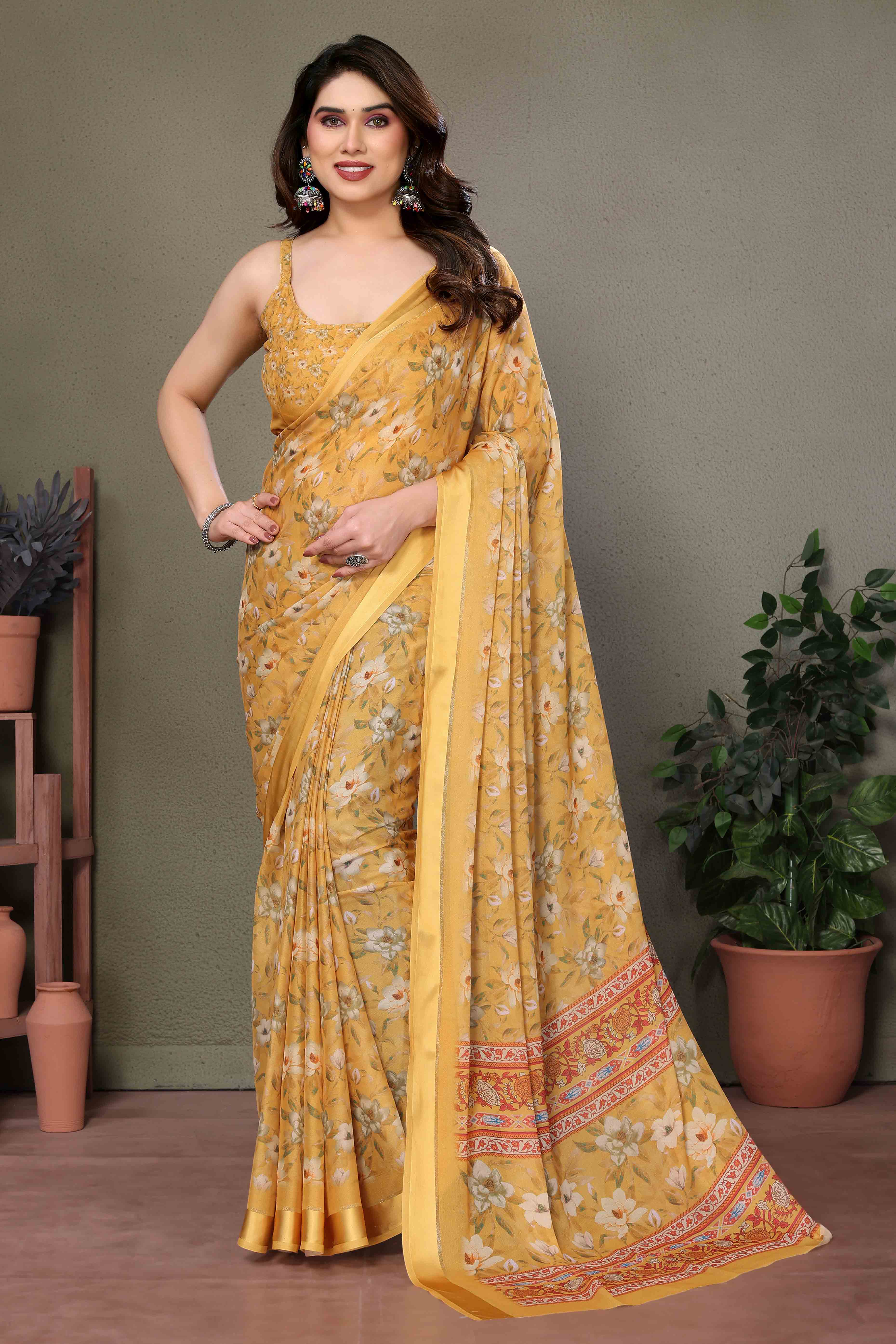 Mustard Floral Printed Chiffon Saree