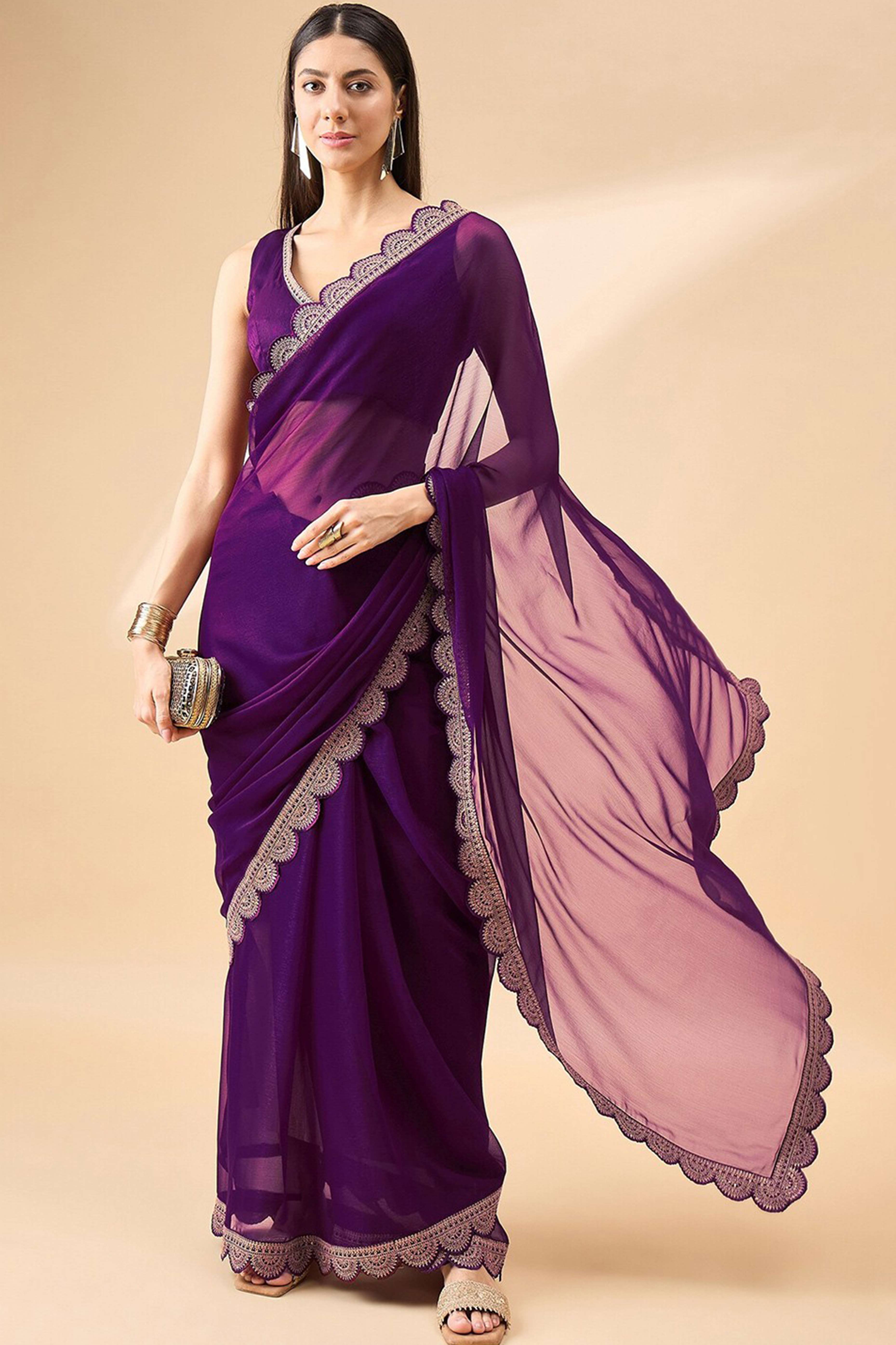 Purple Solid Chiffon Saree With Embellished Saree