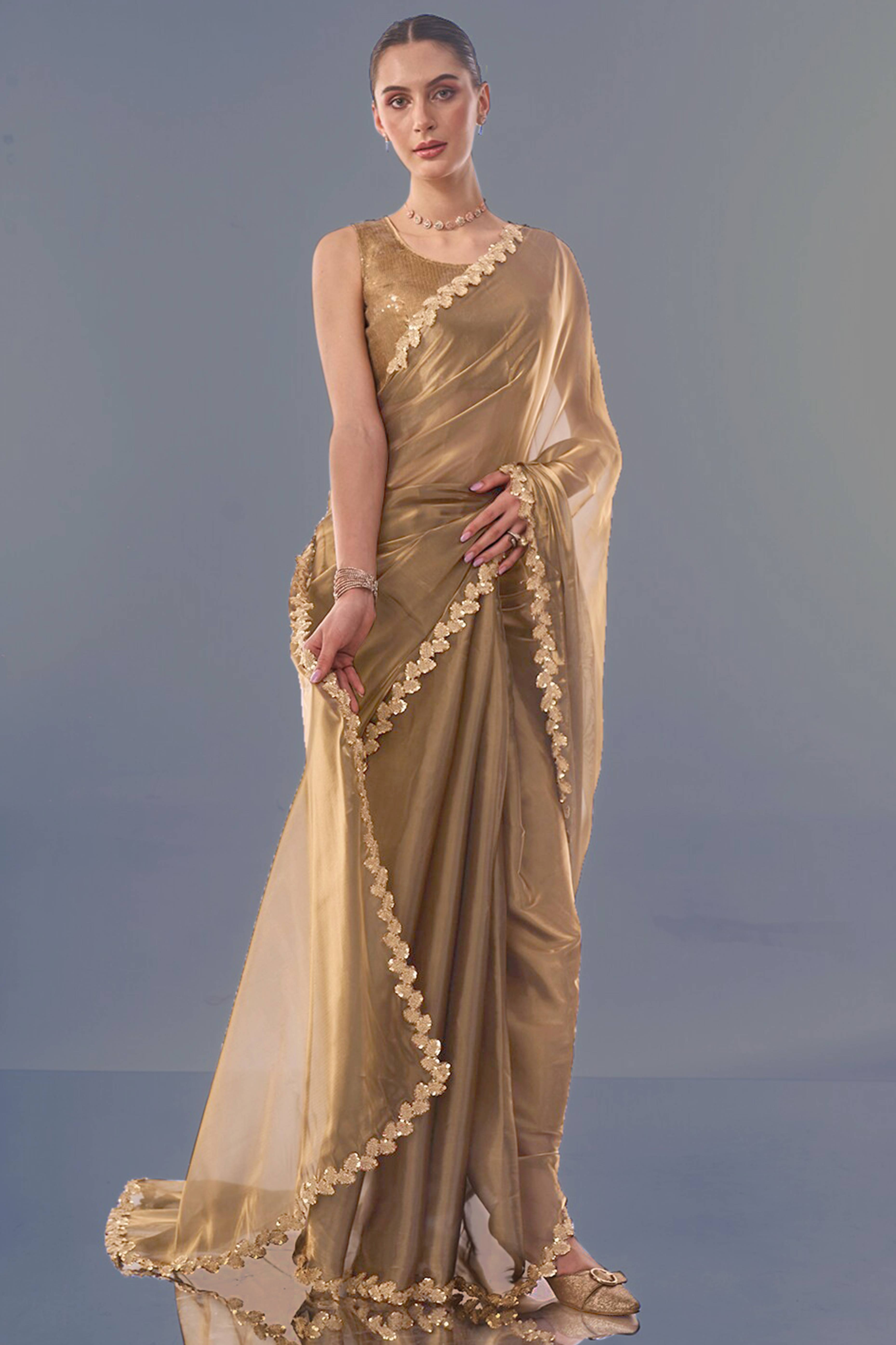 Golden Solid Tissue Jimmy Choo Saree With Sequins Embroidered Cut Work Lace