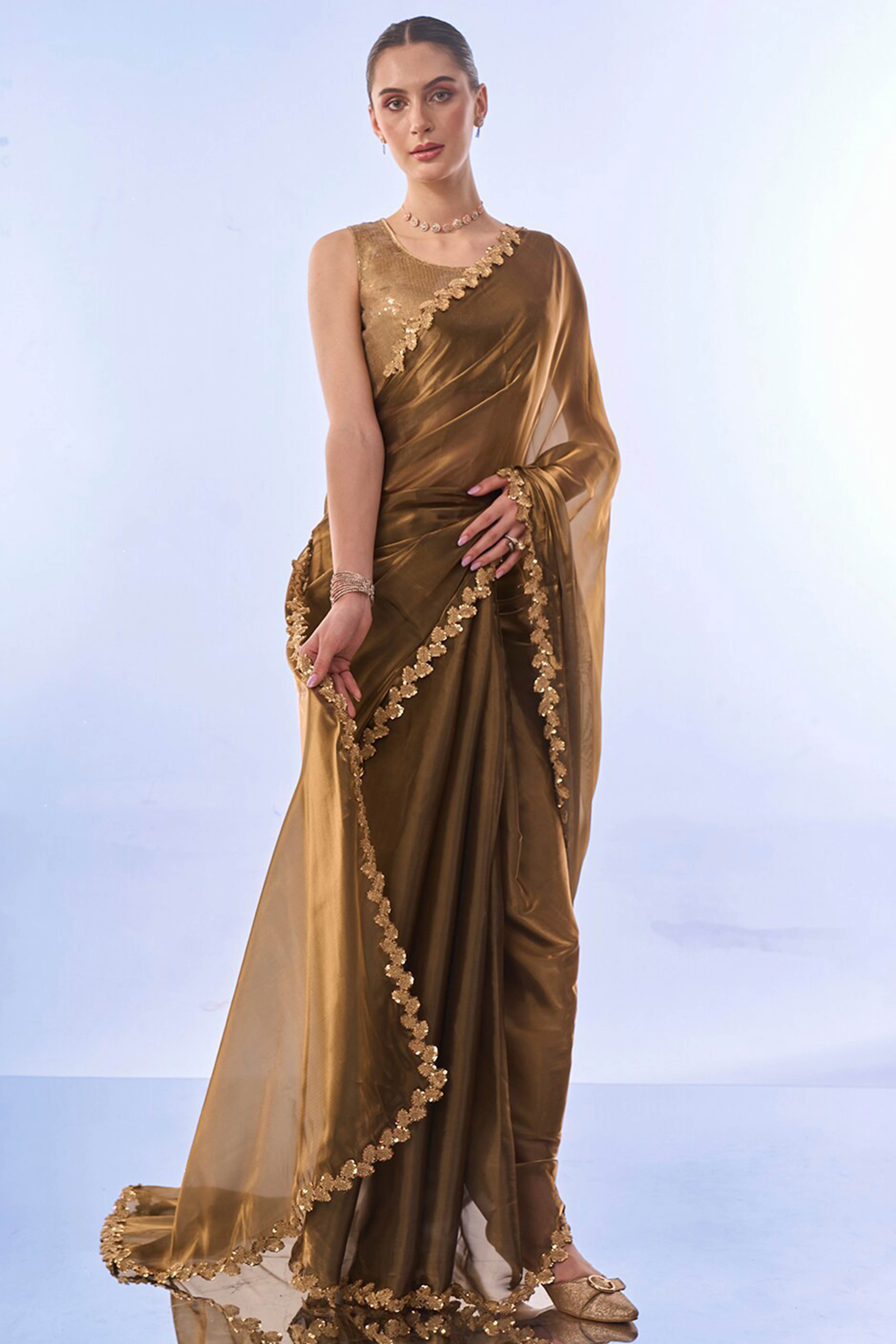 Golden Brown Solid Tissue Jimmy Choo Saree With Sequins Embroidered Cut Work Lace