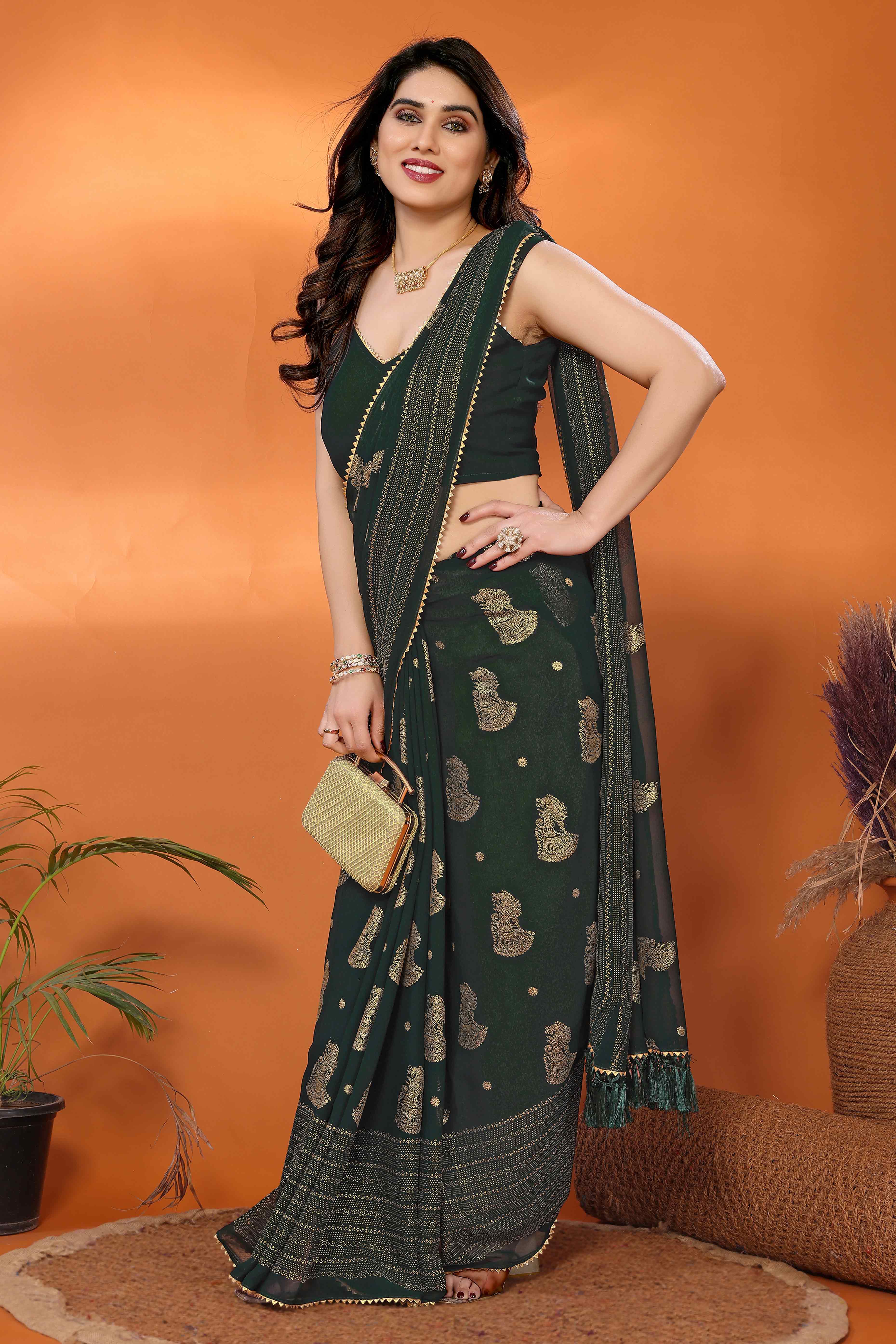 Green Foil Printed Georgette Saree