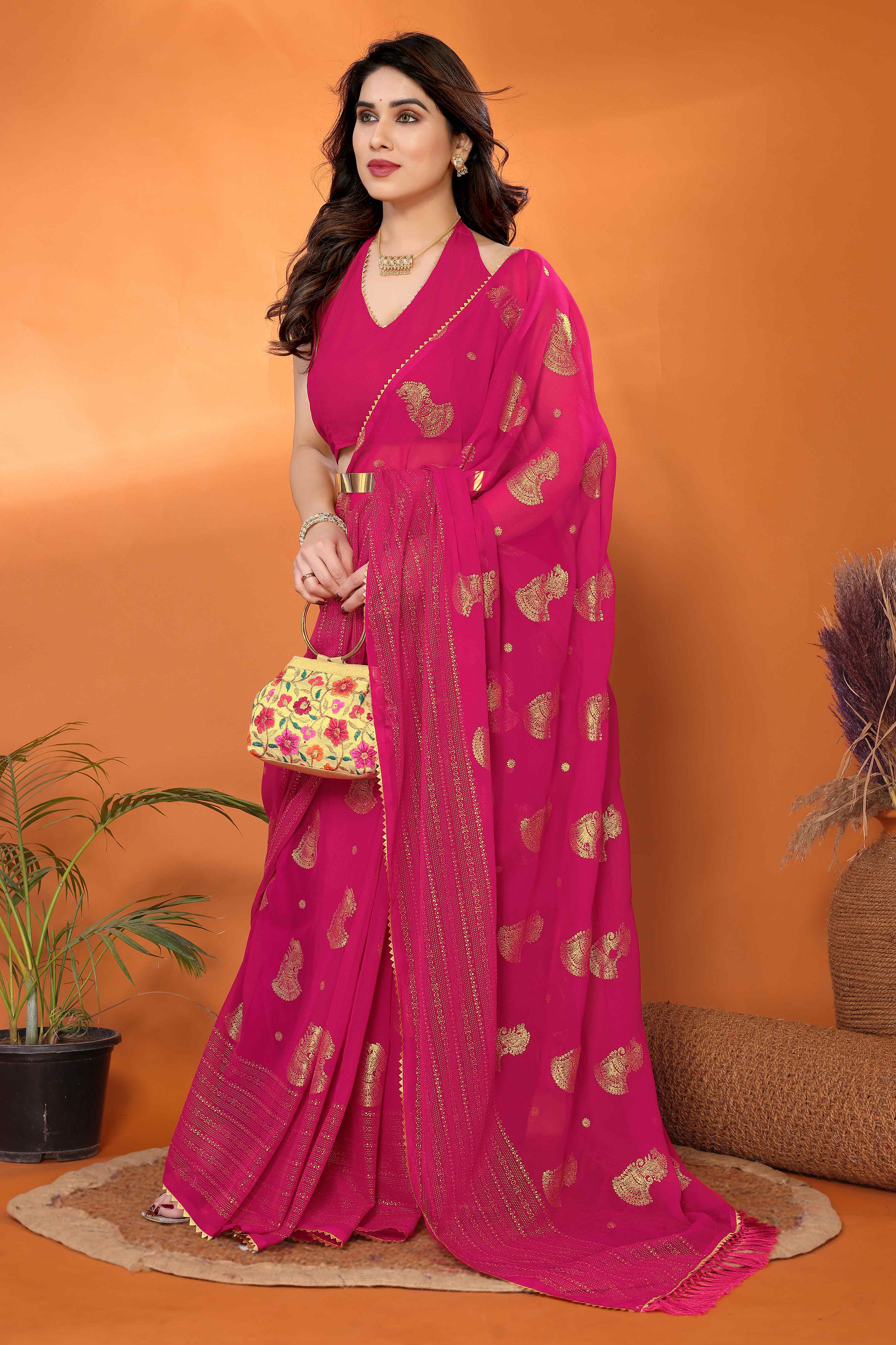 Pink Foil Printed Georgette Saree