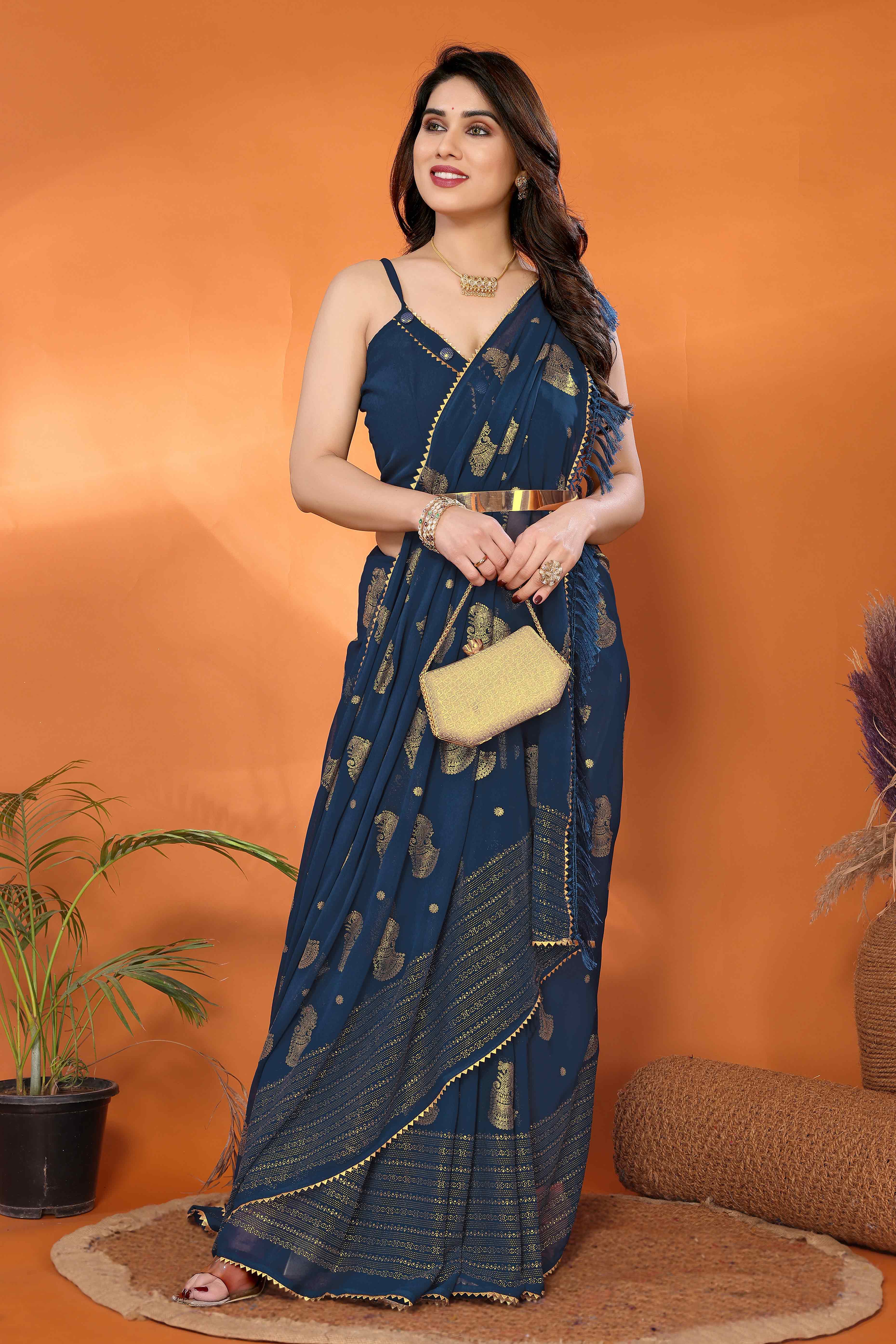 Teal Foil Printed Georgette Saree