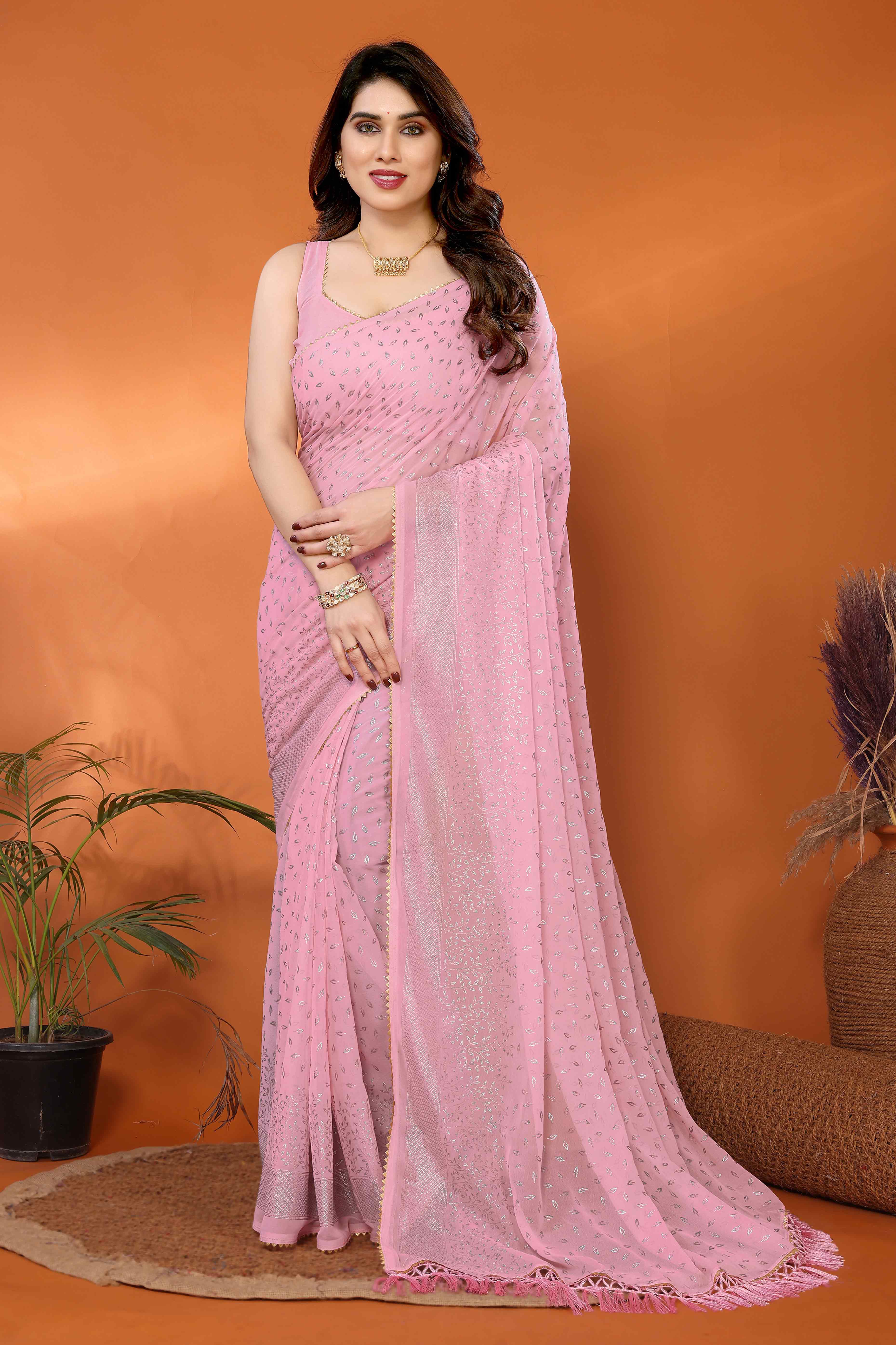 Rose Pink Foil Printed Georgette Saree